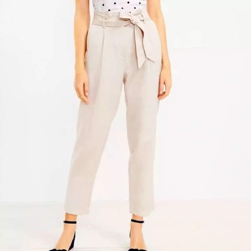 Loft Paperbag High Waisted Belted Tapered Straight Leg Pants Khaki Tan 14