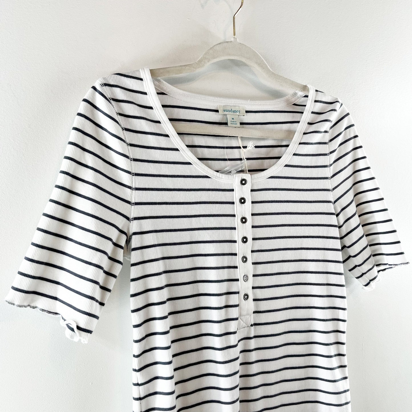 Sundance Cotton Striped Short Sleeve Scoopneck Henley Tee Shirt White Blue Small