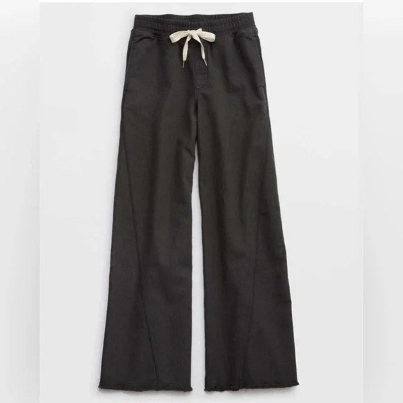 Aerie Soft Landing High Rise Wide Leg Raw Hem Trouser Pants Charcoal Black Large