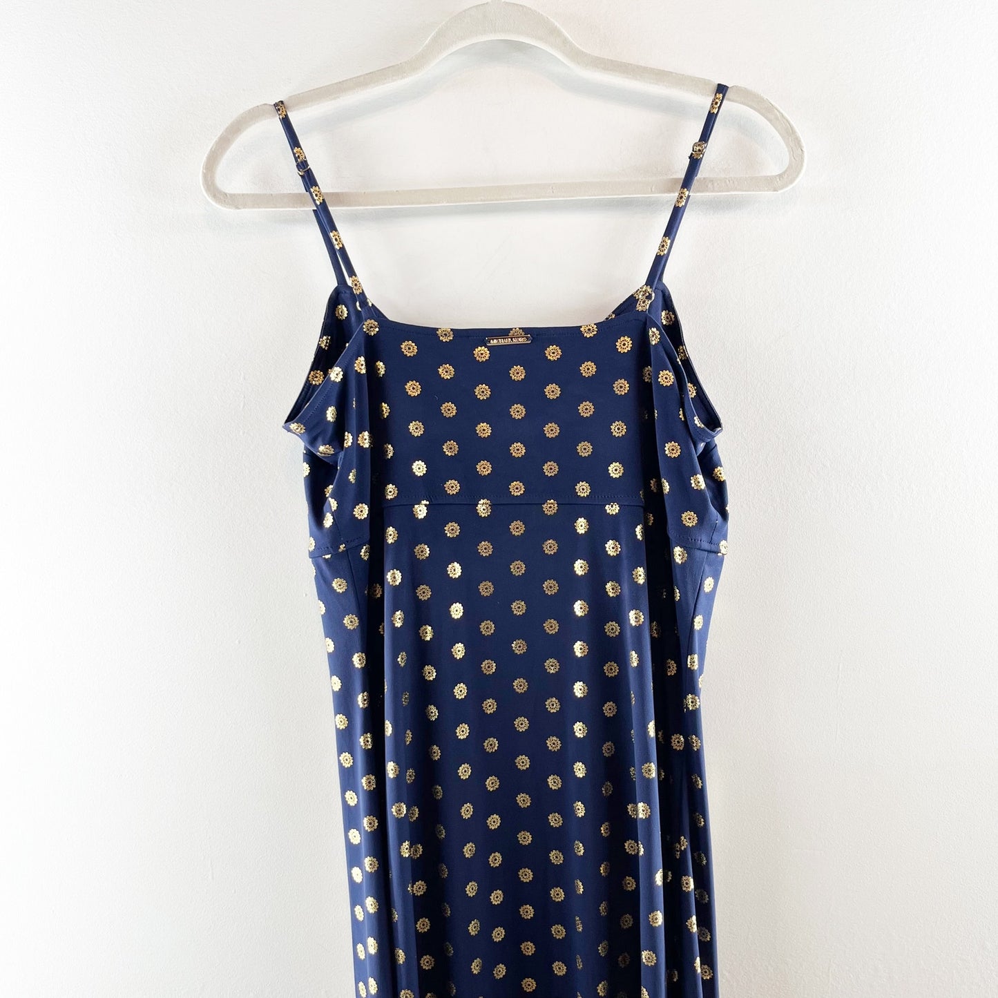 Michael Kors Medallion Foil Print Sleeveless Maxi Dress Navy Blue Gold Medium
