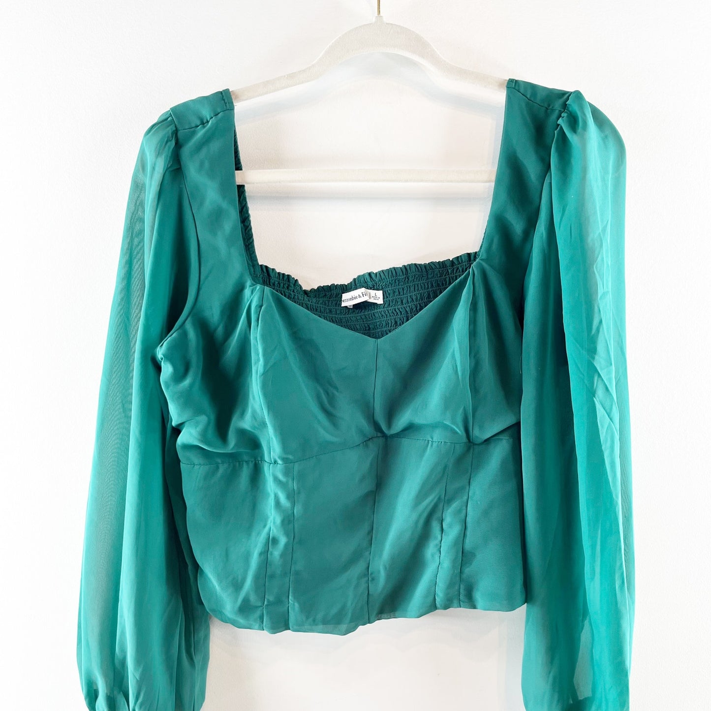 Abercrombie & Fitch Long Sleeve Sweetheart Neck Smocked Back Corset Top Green L