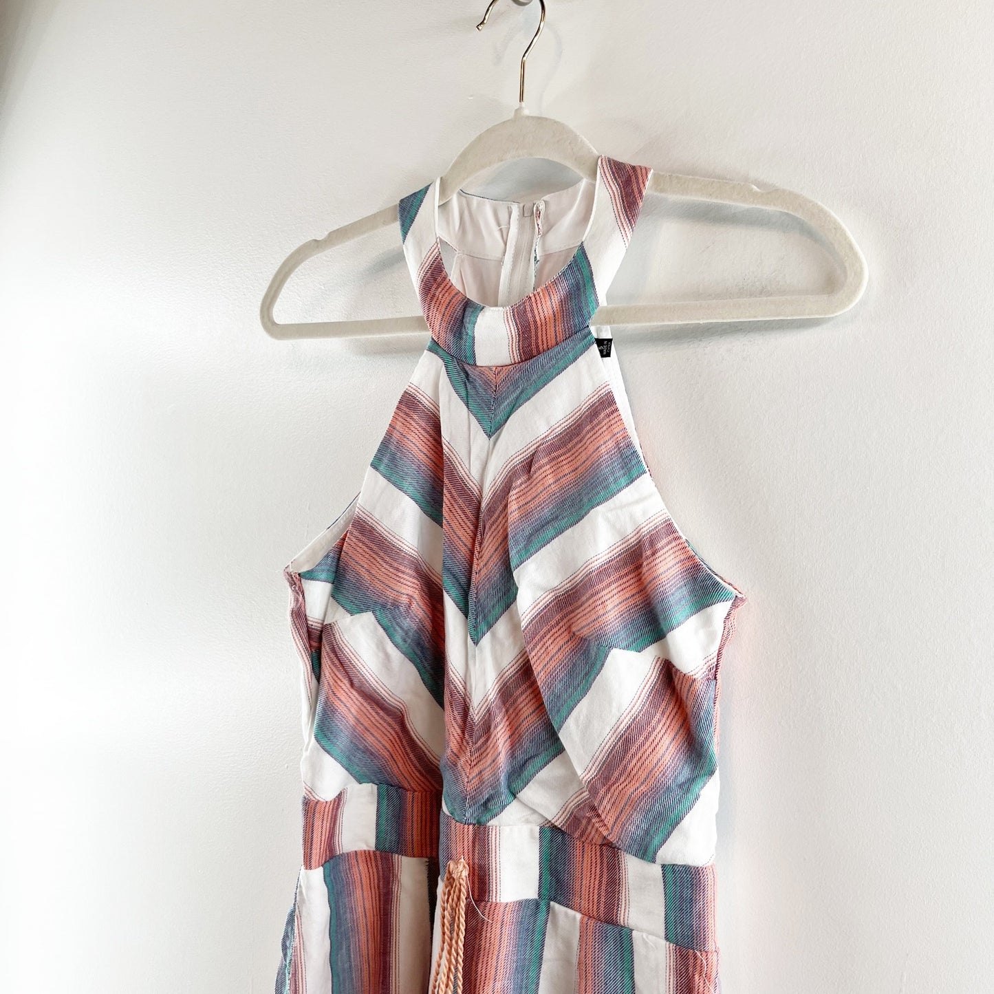 Crystal Sky Halter Neck Sleeveless Flare Leg Striped Tasseled Jumpsuit Pink 5