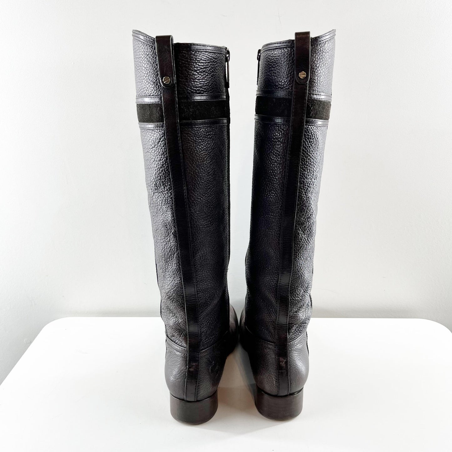 Tory Burch Alaina Pebbled Leather Tall Riding Boots Black Dark Brown 10
