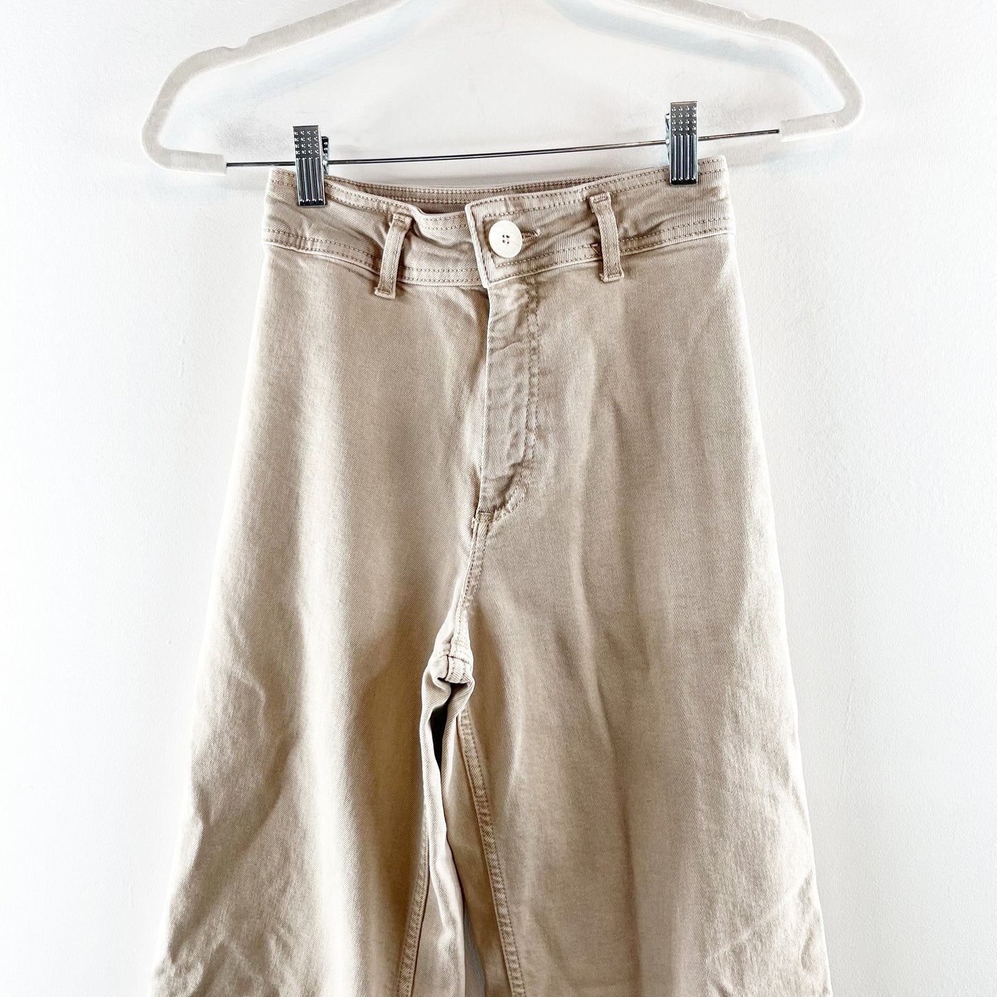 ZARA The Marine High Rise Wide Leg Raw Hem Pants Jeans Tan Khaki 2