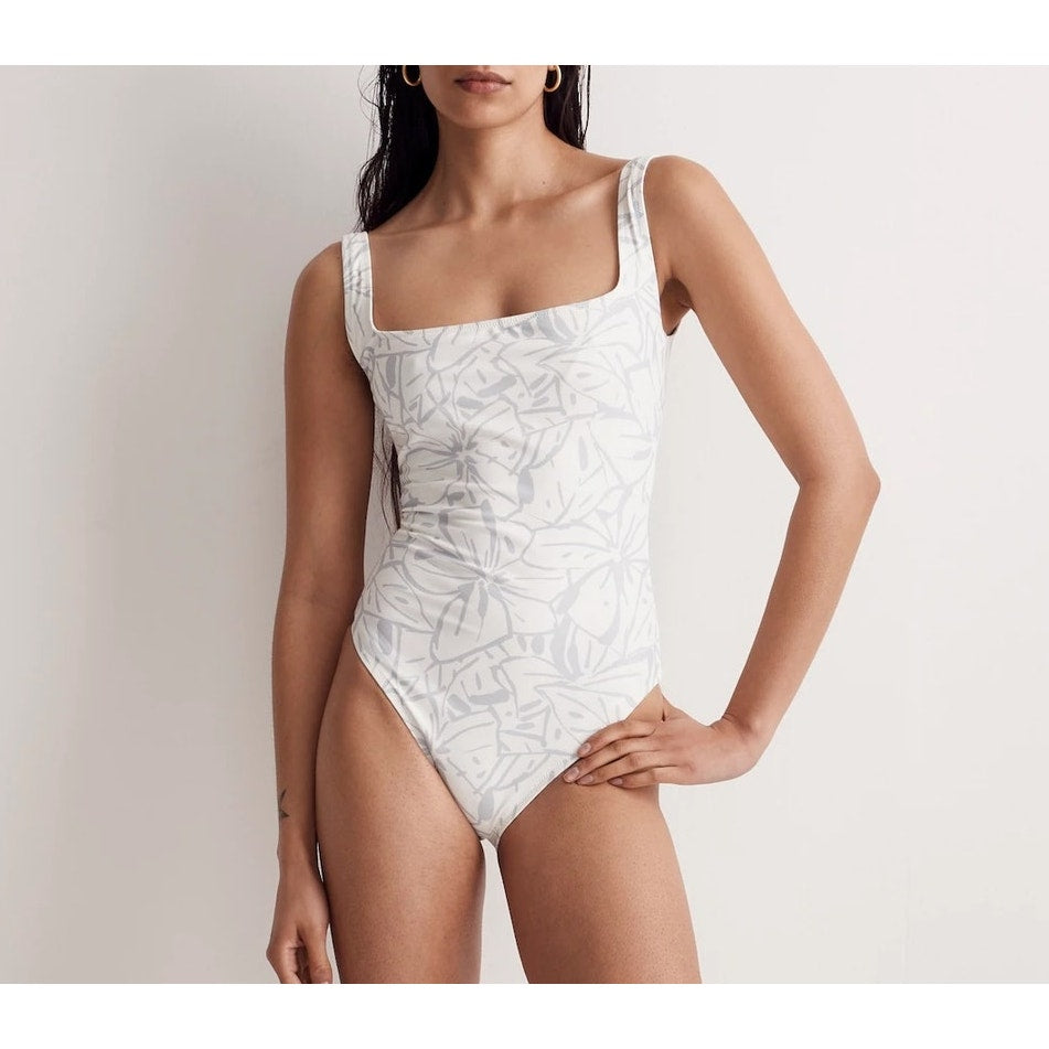 Madewell Square-Neck Tank One-Piece Swimsuit Lighthouse Cool Fog White Medium