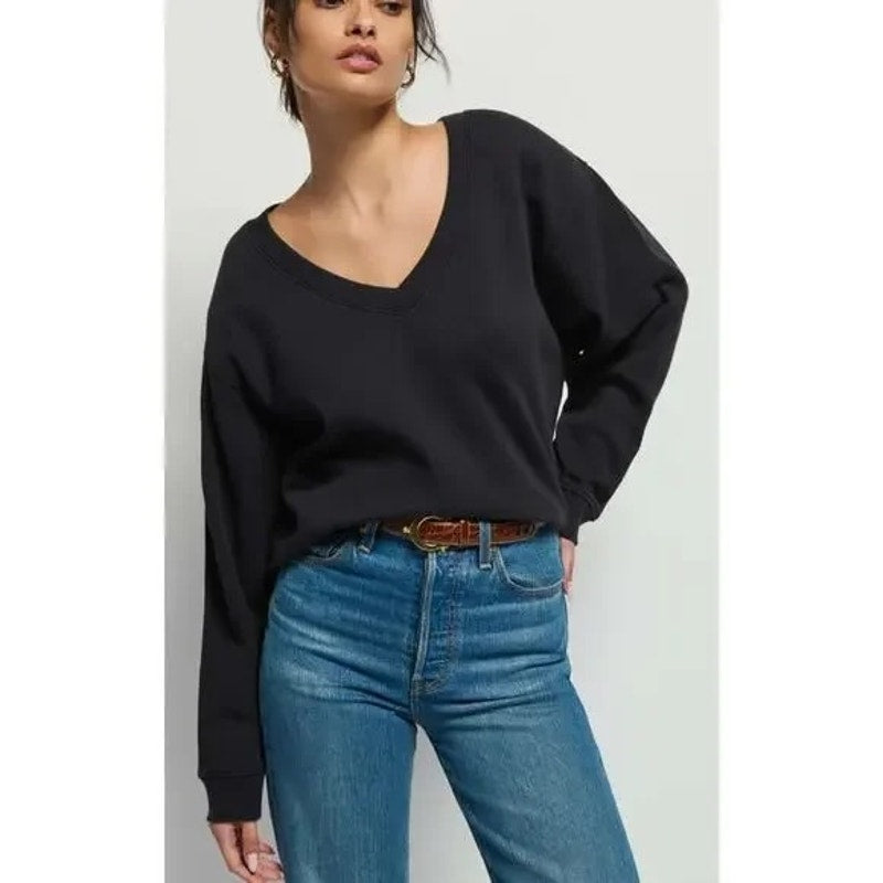 Nation LTD 100% Cotton Long Sleeve Wyatt V-Neck Sweatshirt Black Medium