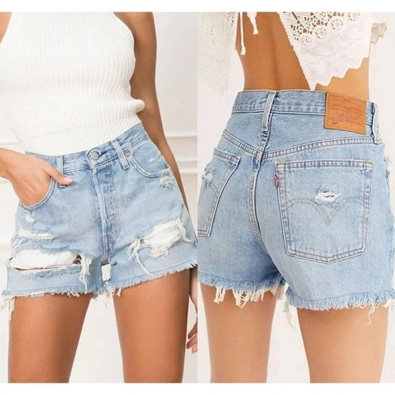 Levi's 501 Original Button Fly High Rise Distressed Cutoff Jean Shorts Blue 14