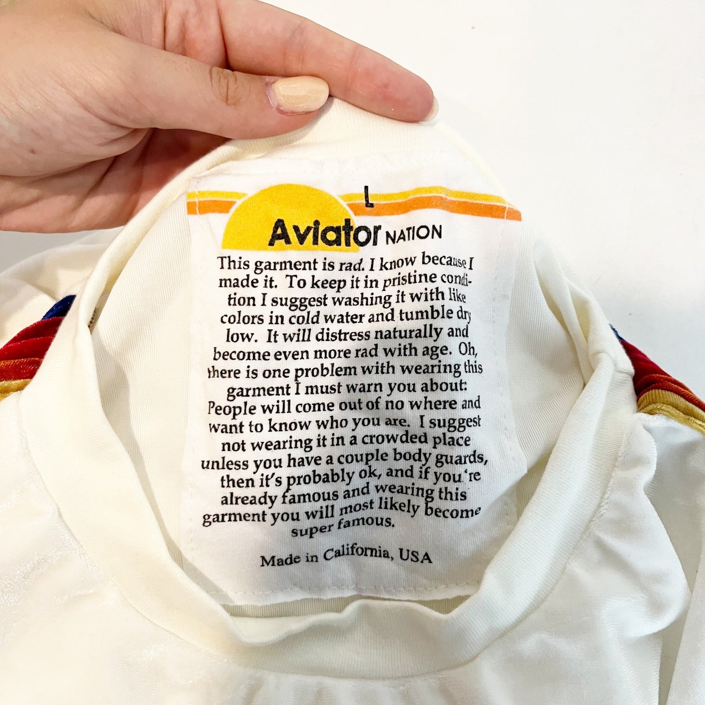 Aviator Nation Crewneck Stripe Velvet Velour Pullover Sweatshirt White Large