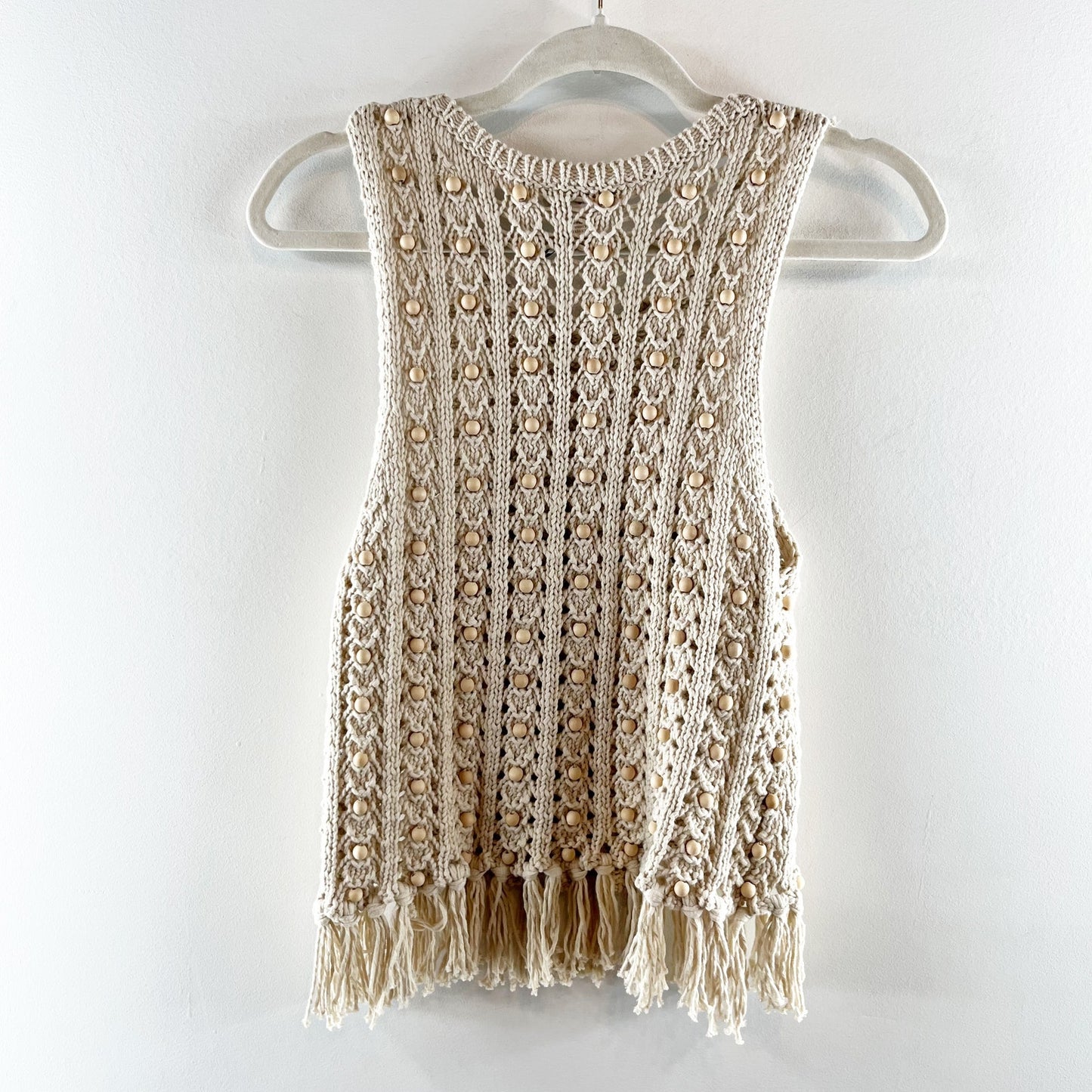 House of Harlow Wood Bead Beaded Fringe Hem Crochet Tank Top Tan XS