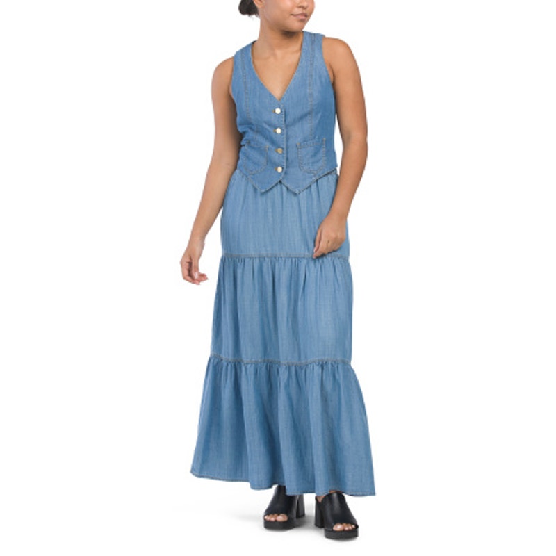 Sigrid Olsen Denim Button Front Vest & Tiered Maxi Skirt Set Blue Medium