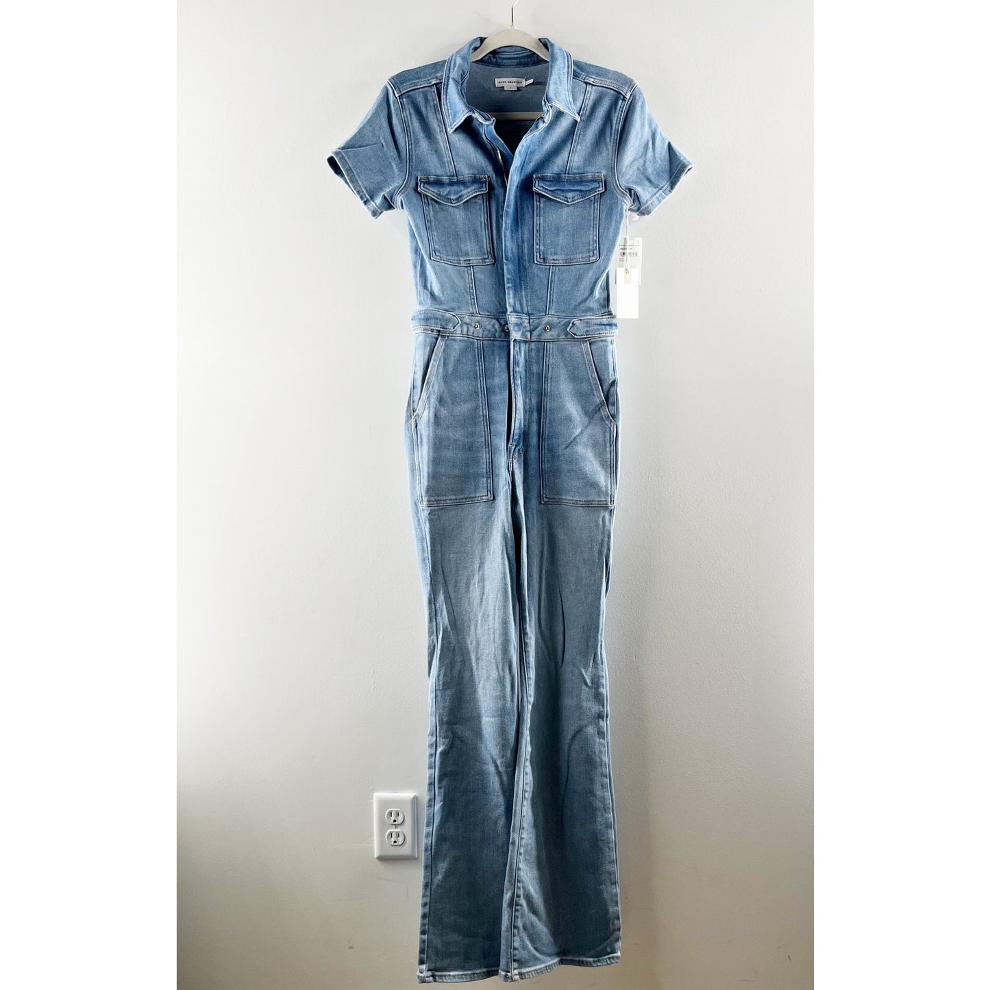 Good American Fit For Success Short Sleeve Bootcut Denim Jumpsuit Blue L