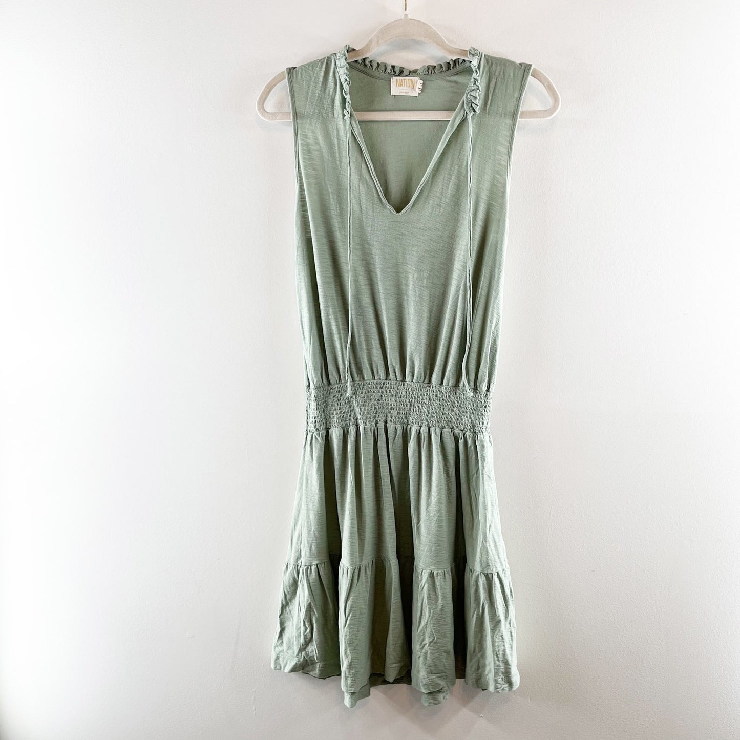 Nation LTD Lael Easy Smocked Ruffle Neck Sleeveless Peasant Mini Dress Green M