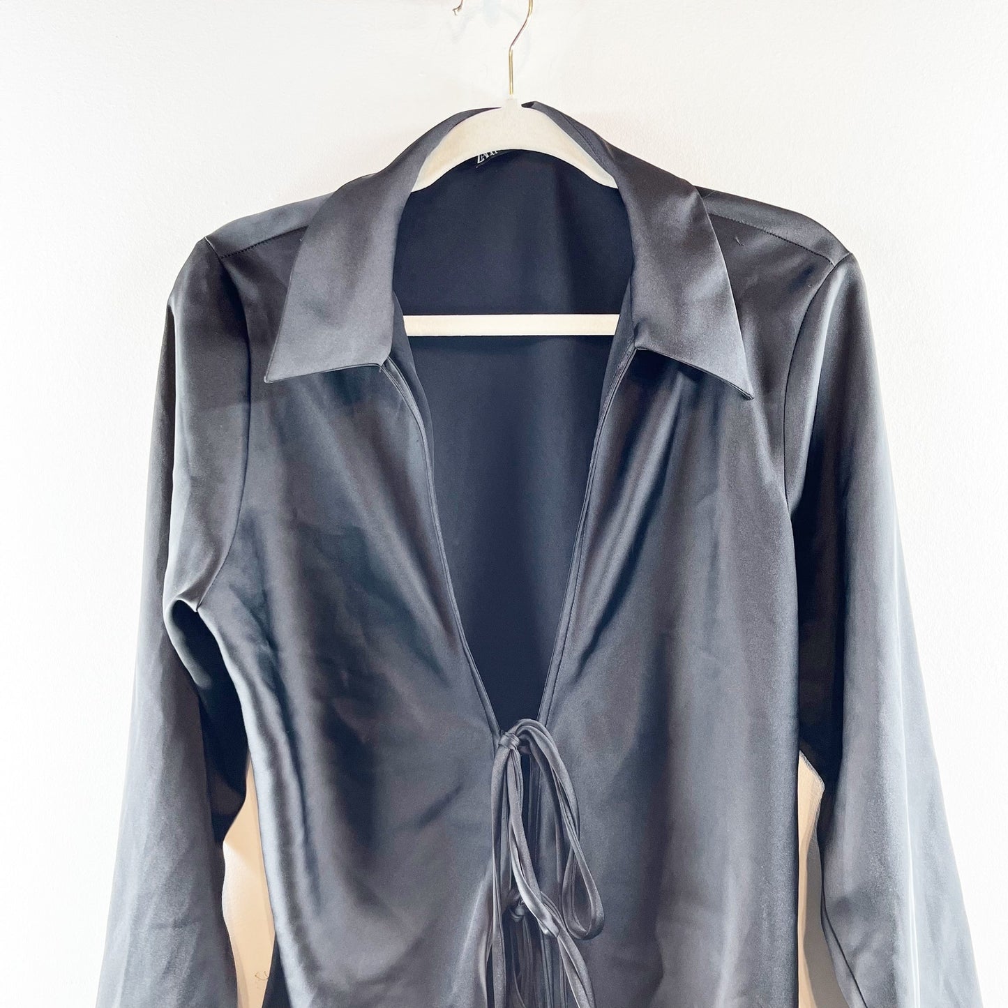 Zara Tie Front Long Sleeve Satin Blouse Shirt Black XL