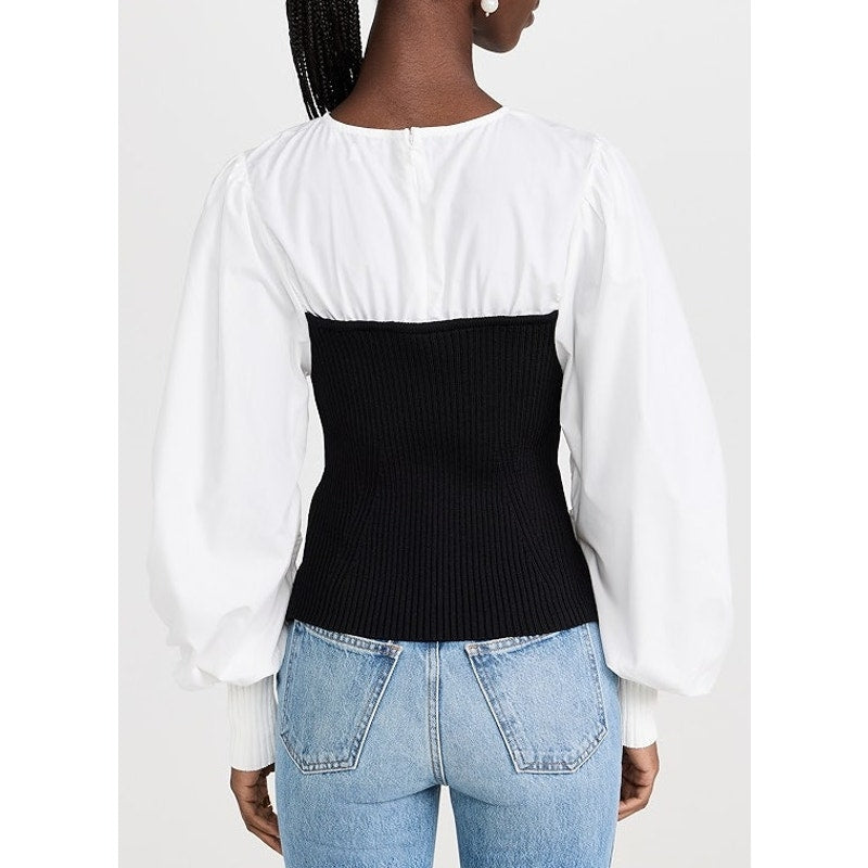En Saison Mixed Media Long Sleeve Sweetheart Neck Top White Black Small