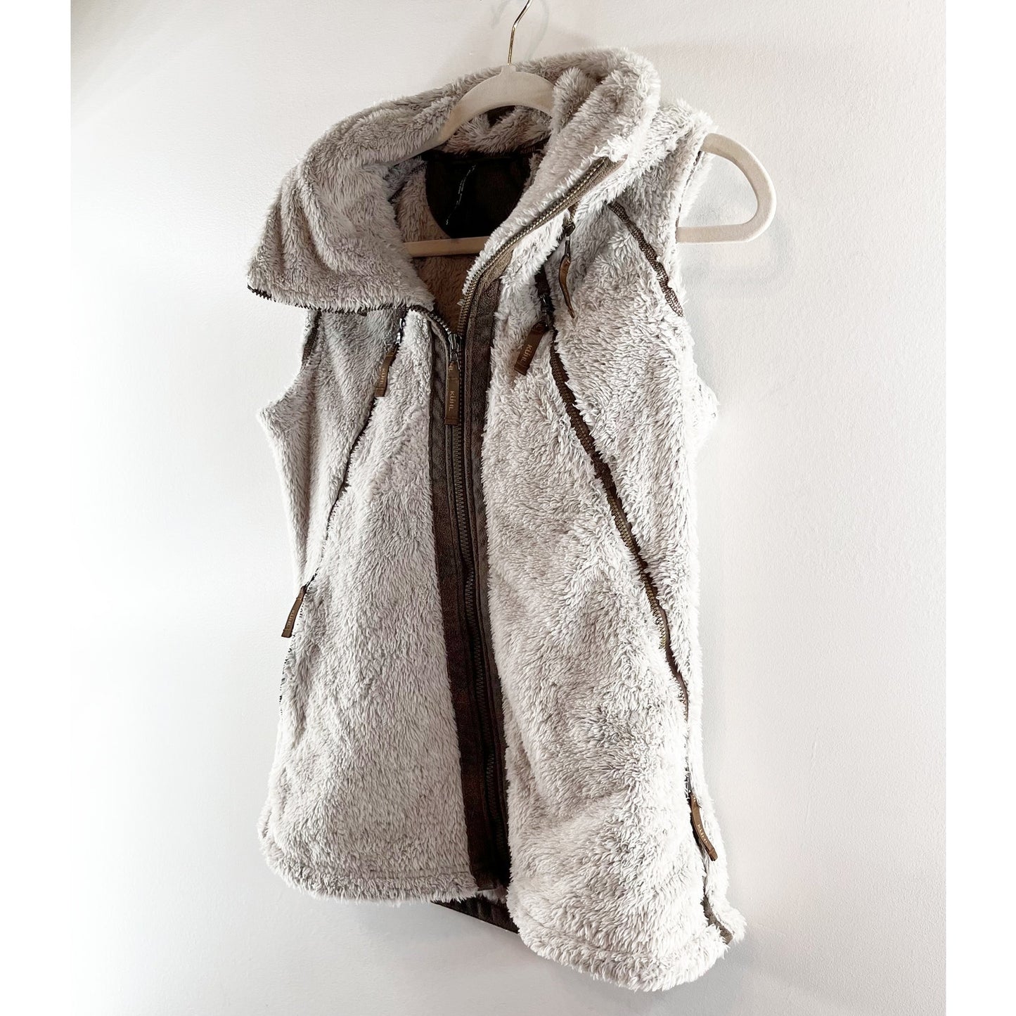 Kuhl Fleece Flight Full Zip Hooded Vest Cream Brown Small