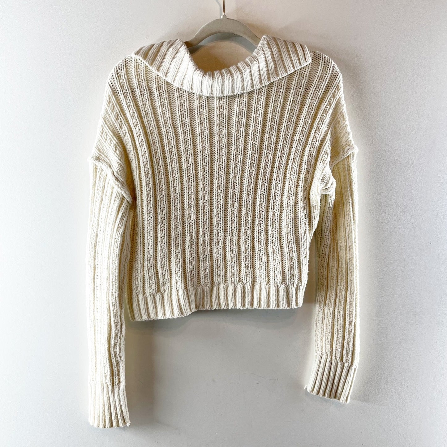 Free People Traveler Cable Pullover Sweater with Polo Collar Cream XS