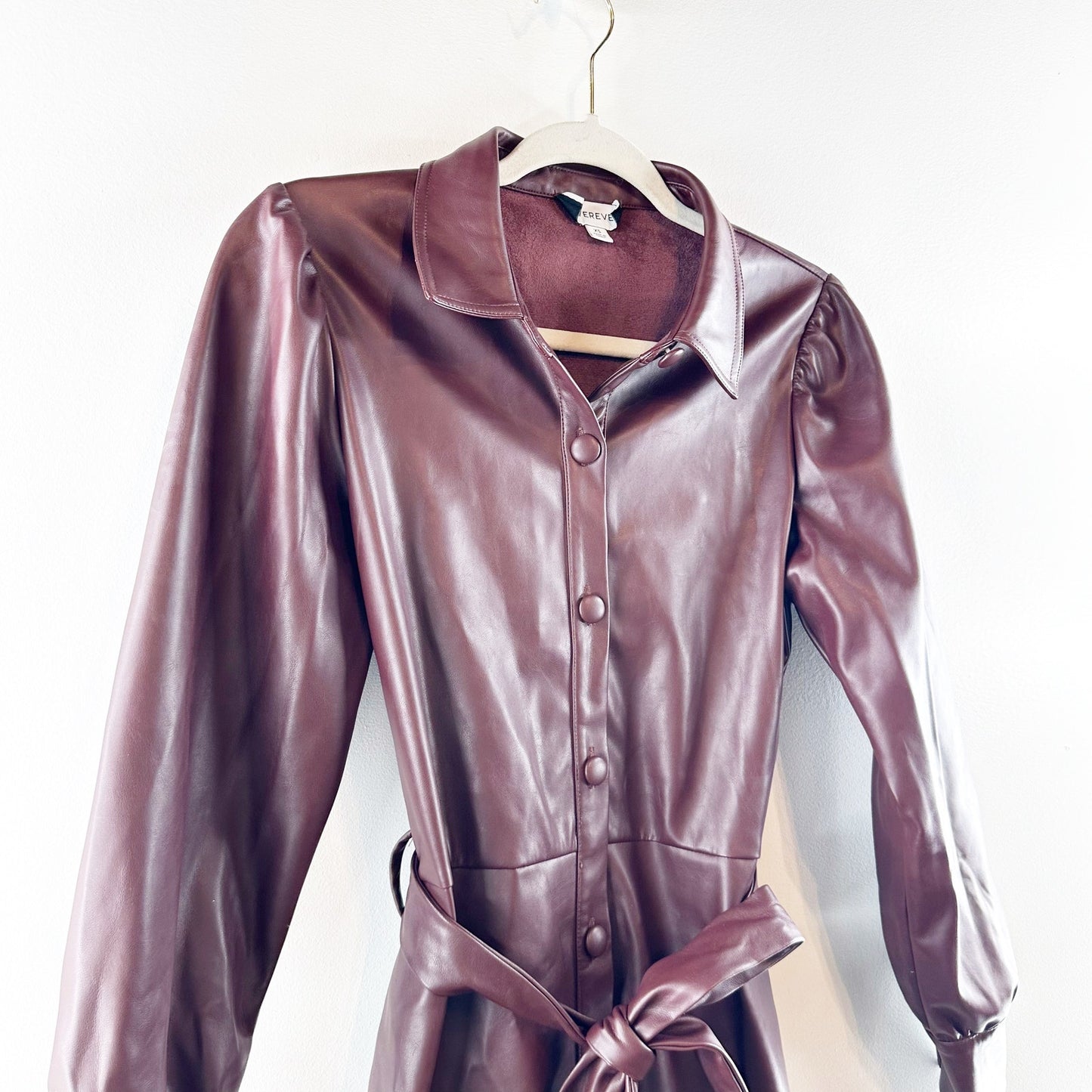 Evereve Isabella Long Sleeve Button Up Faux Leather Midi Dress Burgundy Brown XS