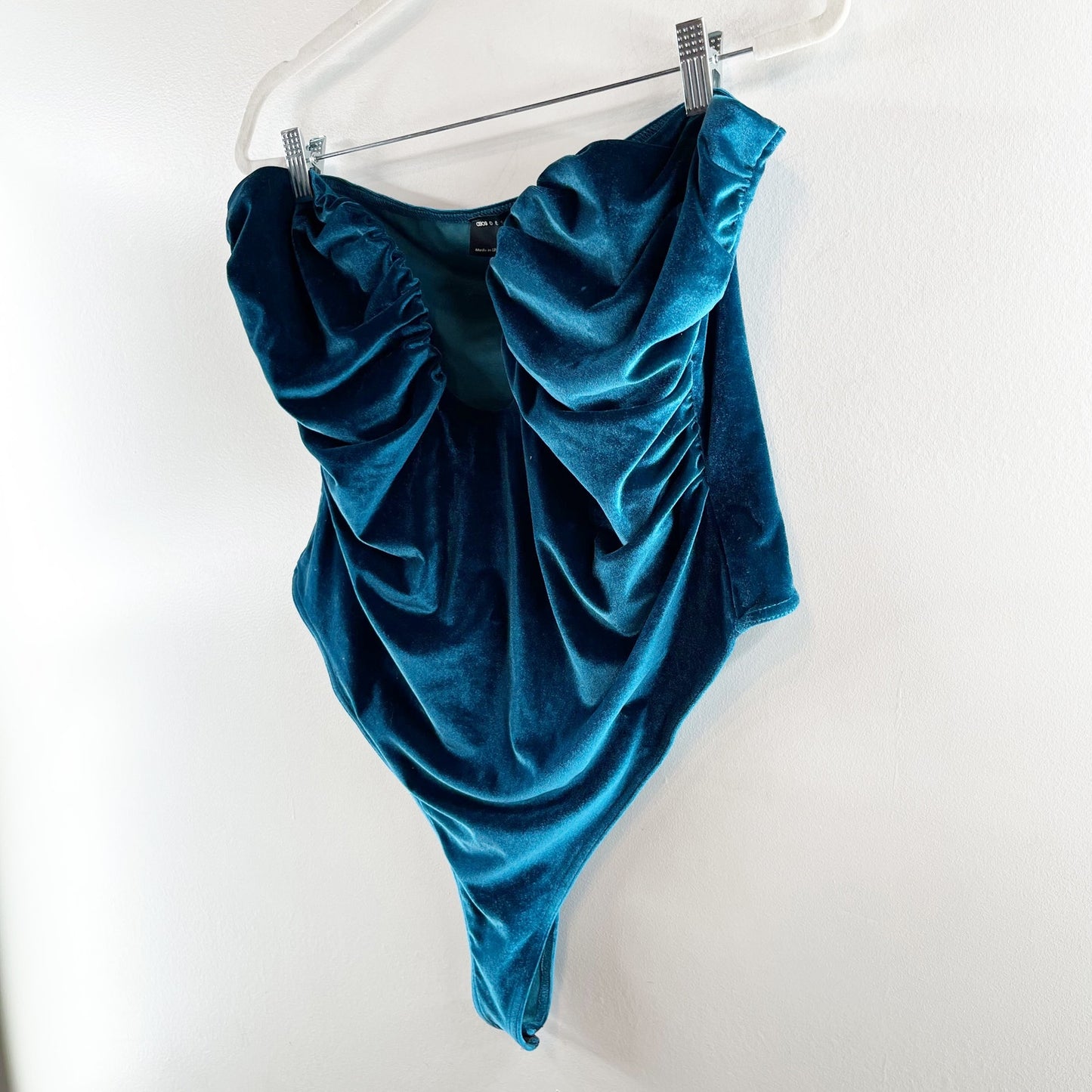 ASOS Design Plunge Strapless Velvet Bodysuit Teal Blue 14
