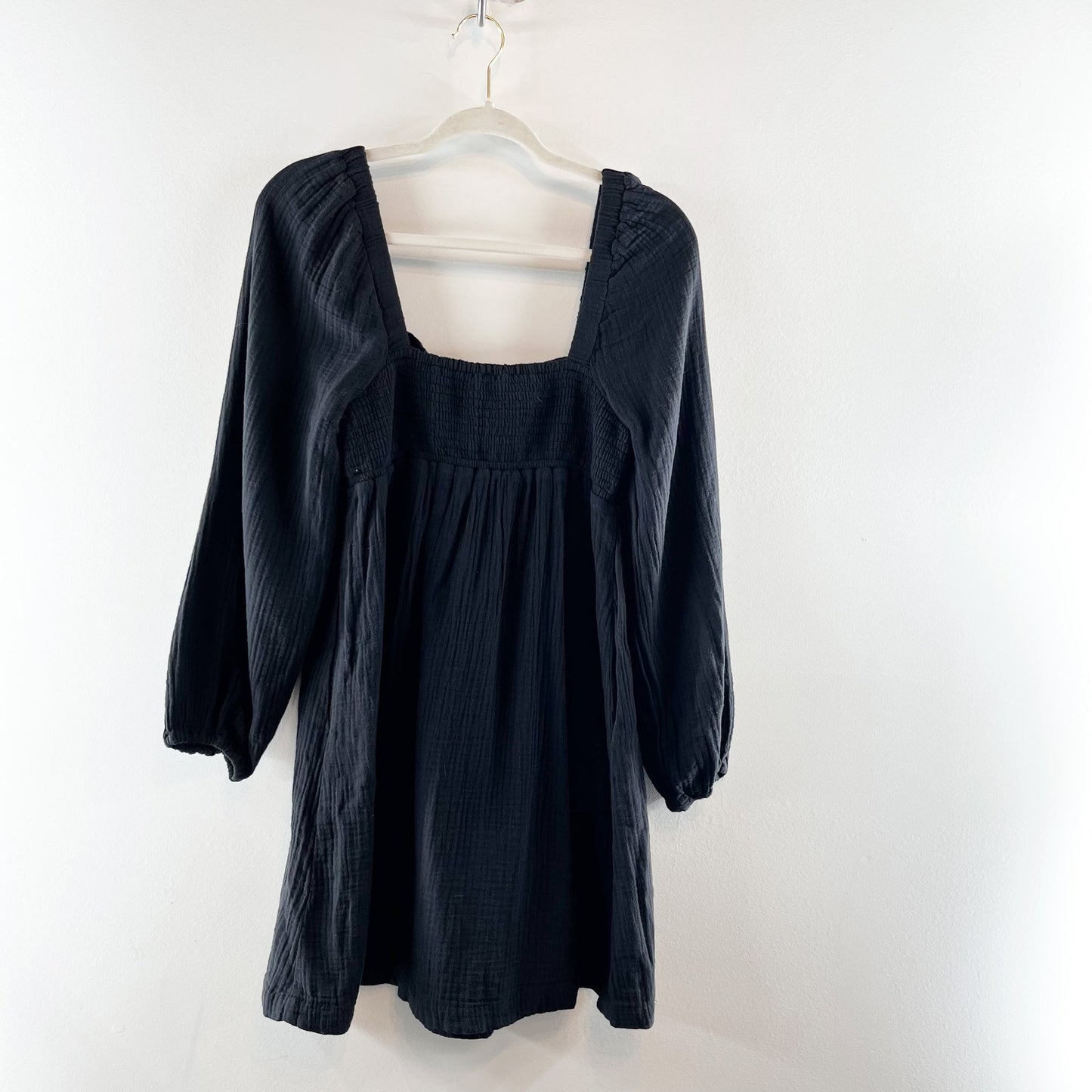 J. Crew Soft Gauze Cotton Long Sleeve Smocked Square-Neck Mini Dress Black XS