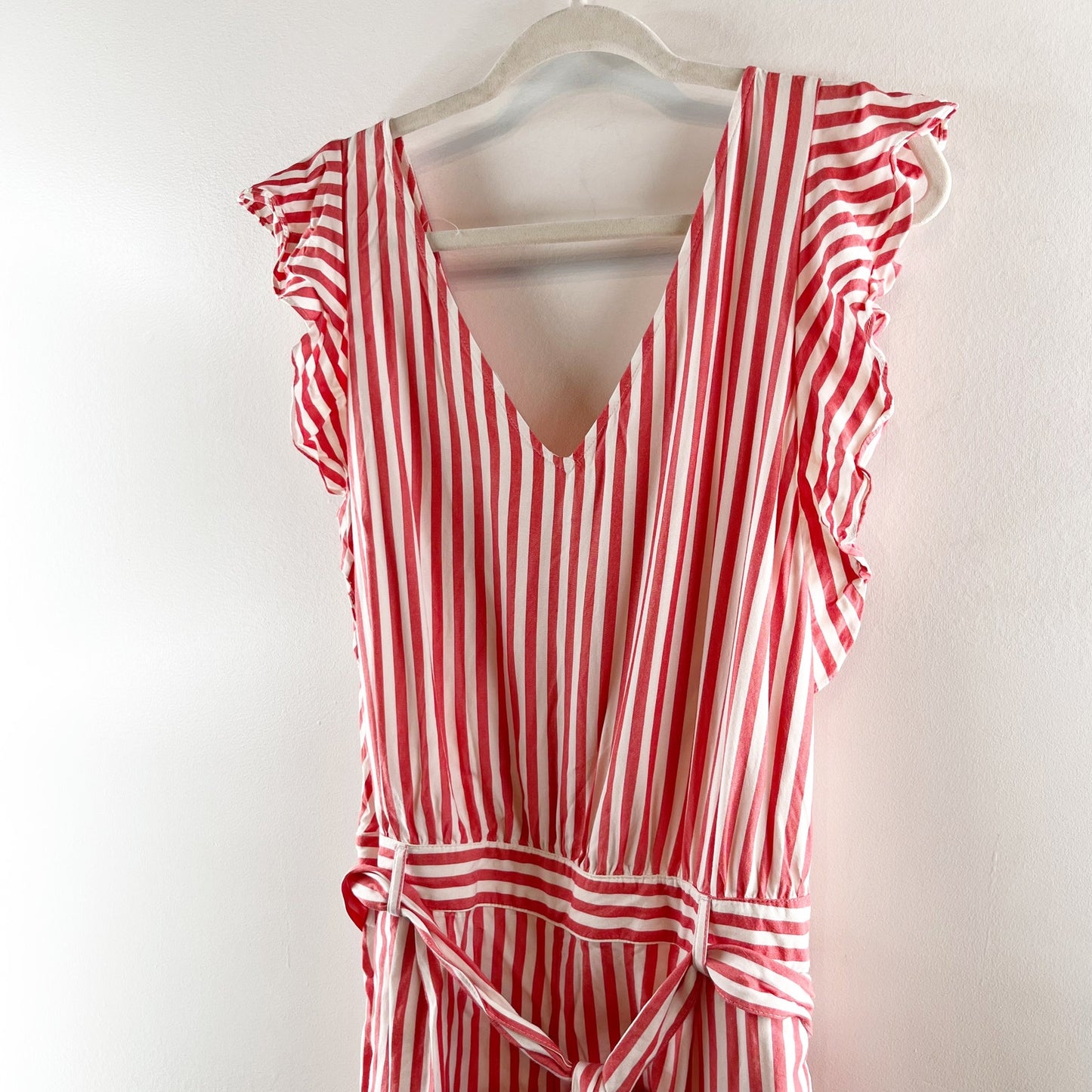 LOFT Striped V Neck Ruffle Shoulder Belted Romper Red White 12