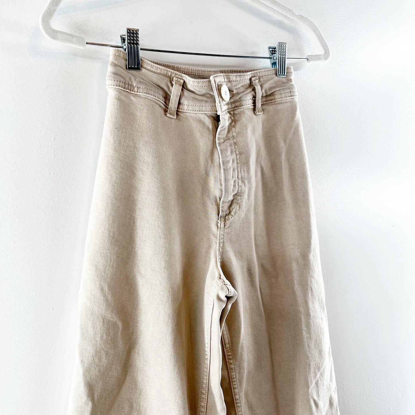 ZARA The Marine High Rise Wide Leg Raw Hem Pants Jeans Tan Khaki 2