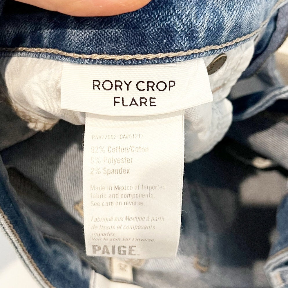 Paige Rory Mid Rise Cropped Flare Leg Ripped Knee Distressed Jeans Blue 25