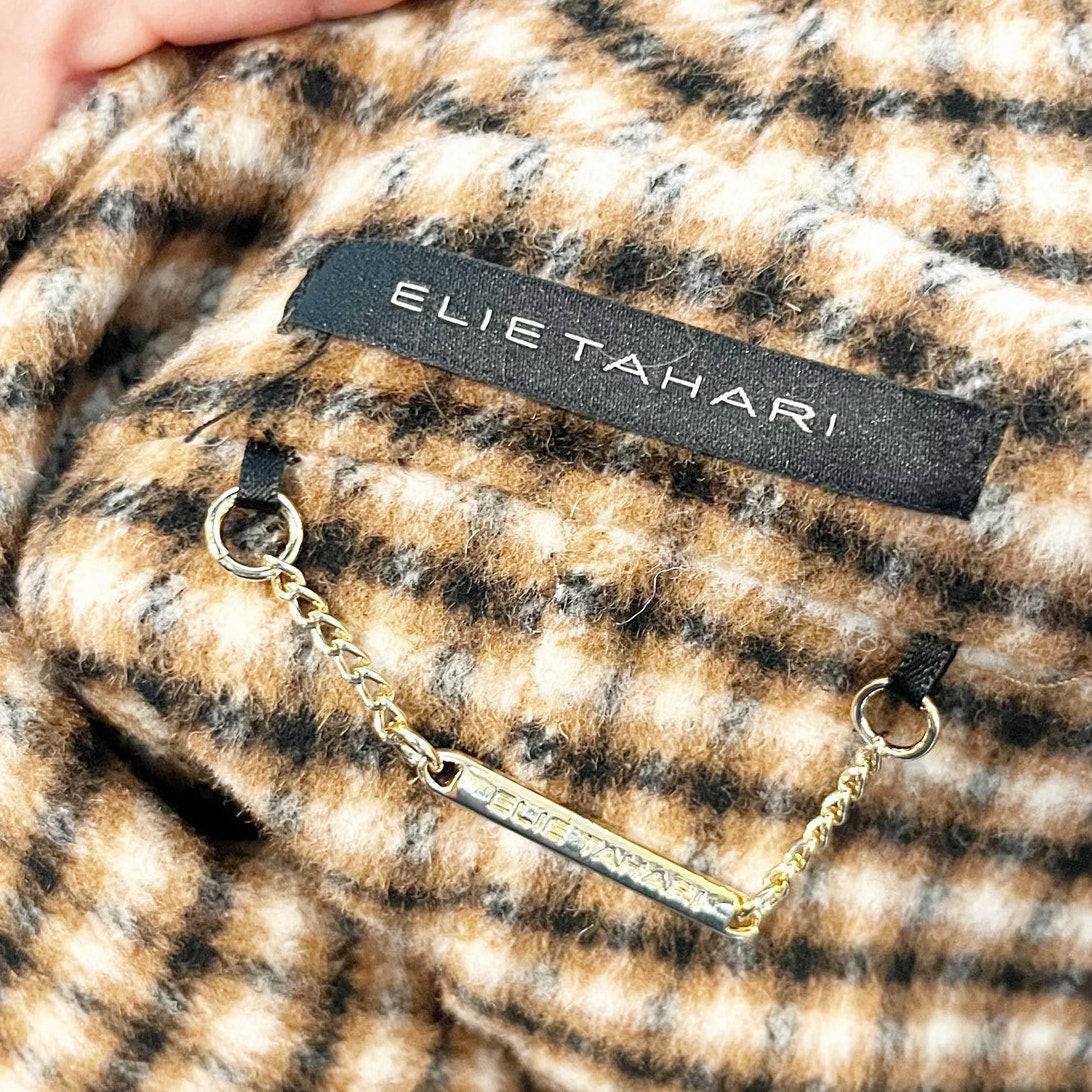 Elie Tahari Vienna Belted Wool Blend Plaid Wrap Coat Jacket Tan Small