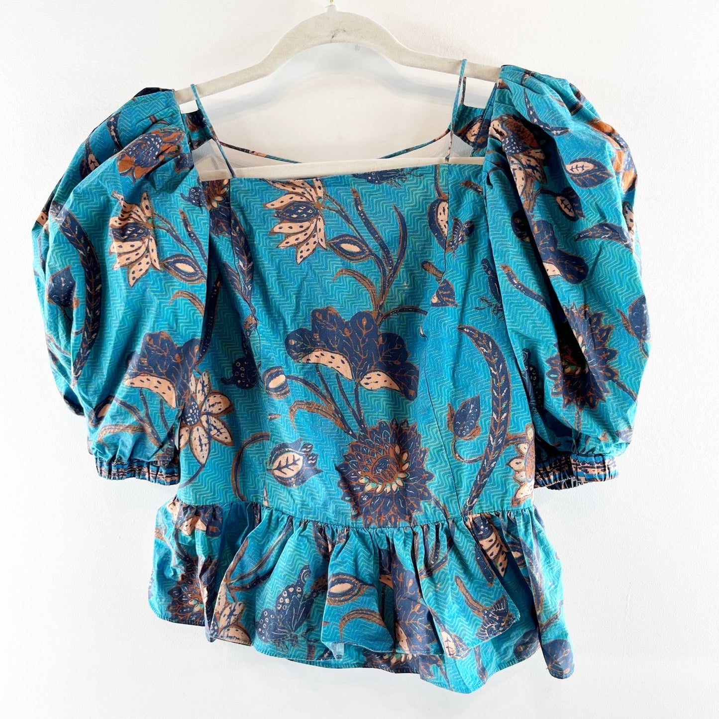 Ulla Johnson Carlotta Puff Short Sleeve Peplum Floral Cropped Top Blue Teal 2