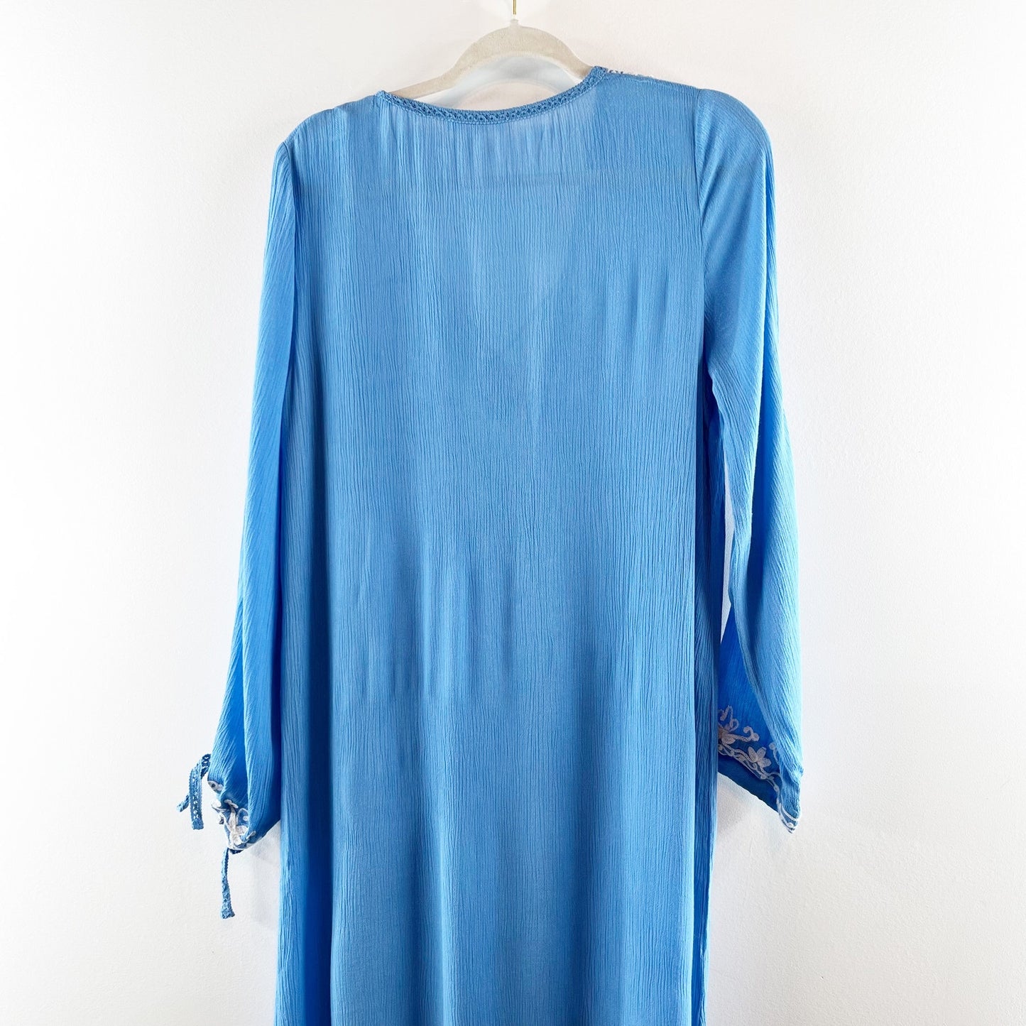 Rise and Bloom Embroidered Long Sleeve Tie Neck Maxi Dress Blue Medium