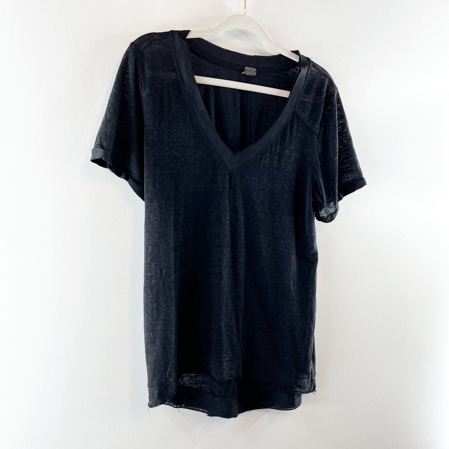 Free People V Neck Short Sleeve Linen Blend T-Shirt Black Small