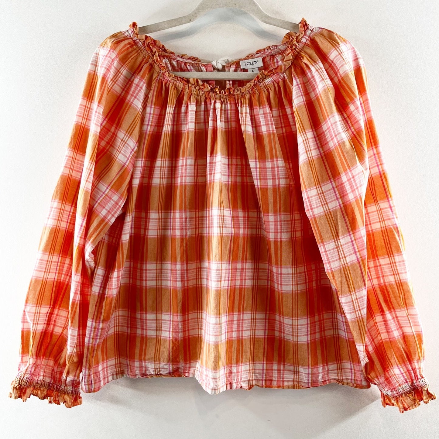 j. Crew Long Sleeve Ruffle Tie Back Plaid Cotton Blouse Top Orange Pink Large
