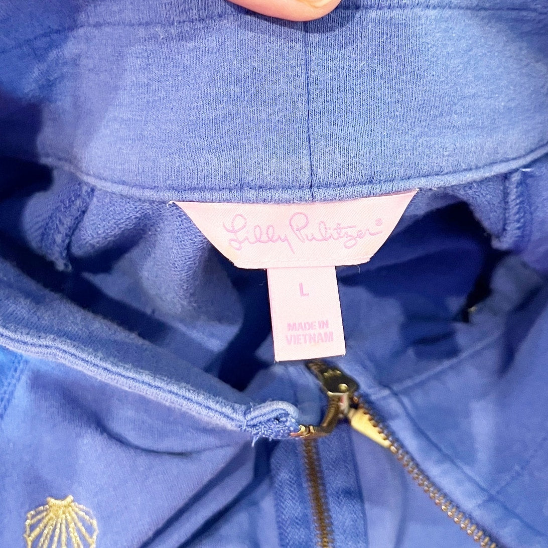 Lilly Pulitzer Skipper 1/2 Zip Seashell Embroidered Popover Sweatshirt Blue L
