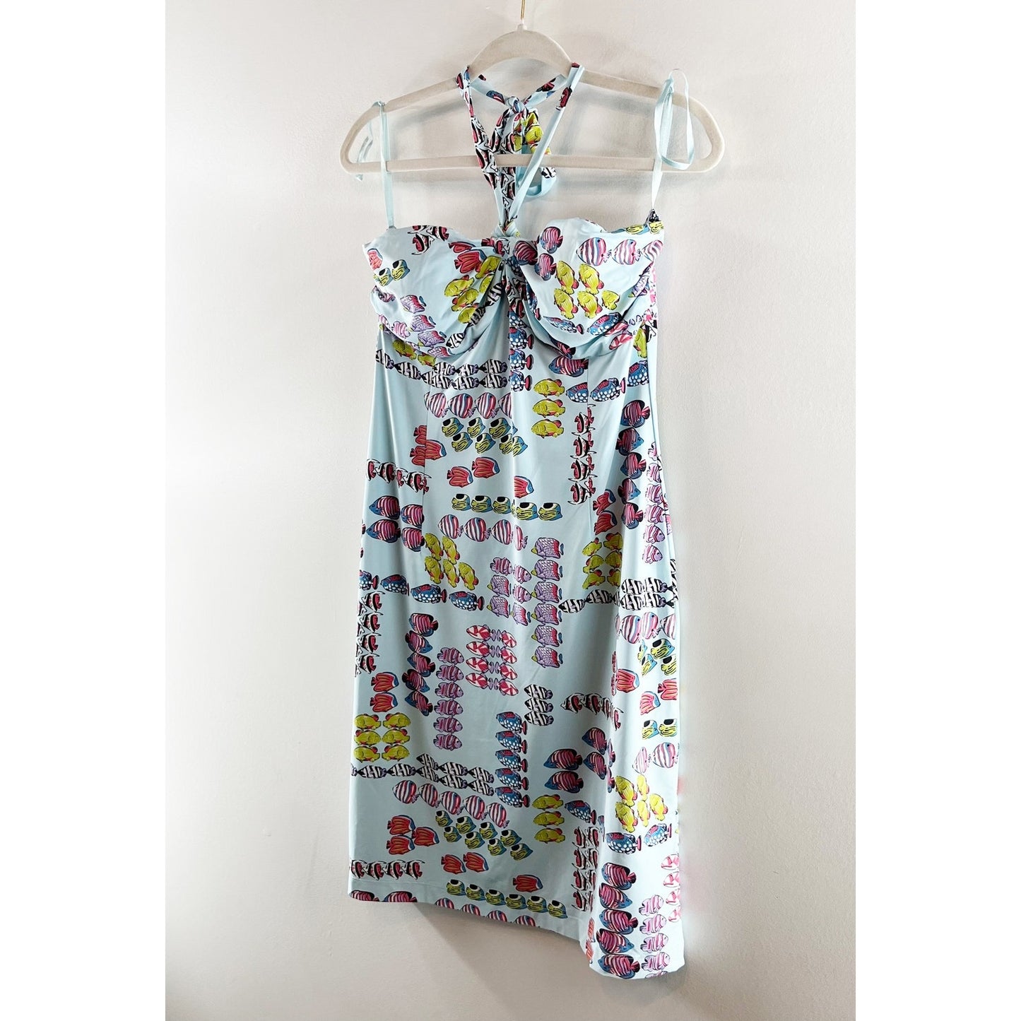 J. McLaughlin Fish Print Halter Tie Neck Mini Knee Length Dress Blue Medium