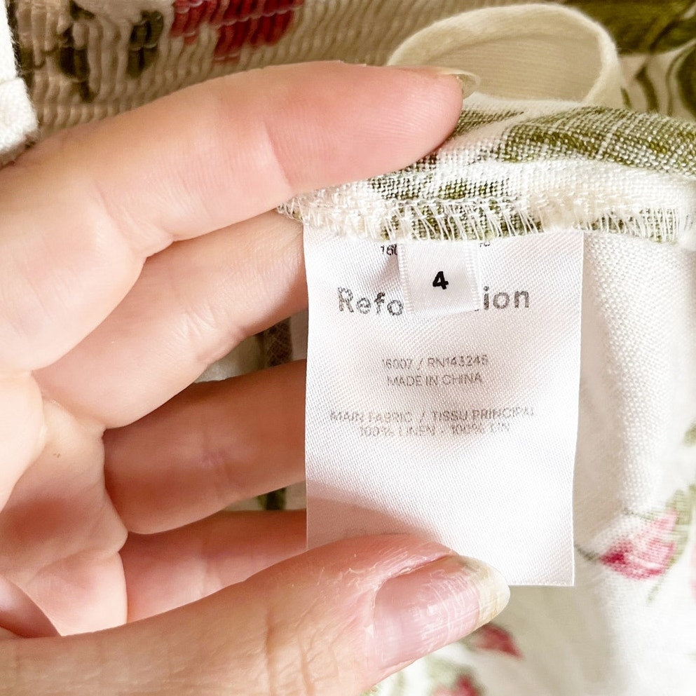Reformation Rosemary Floral Print Linen Smocked Waist Mini Dress White 4