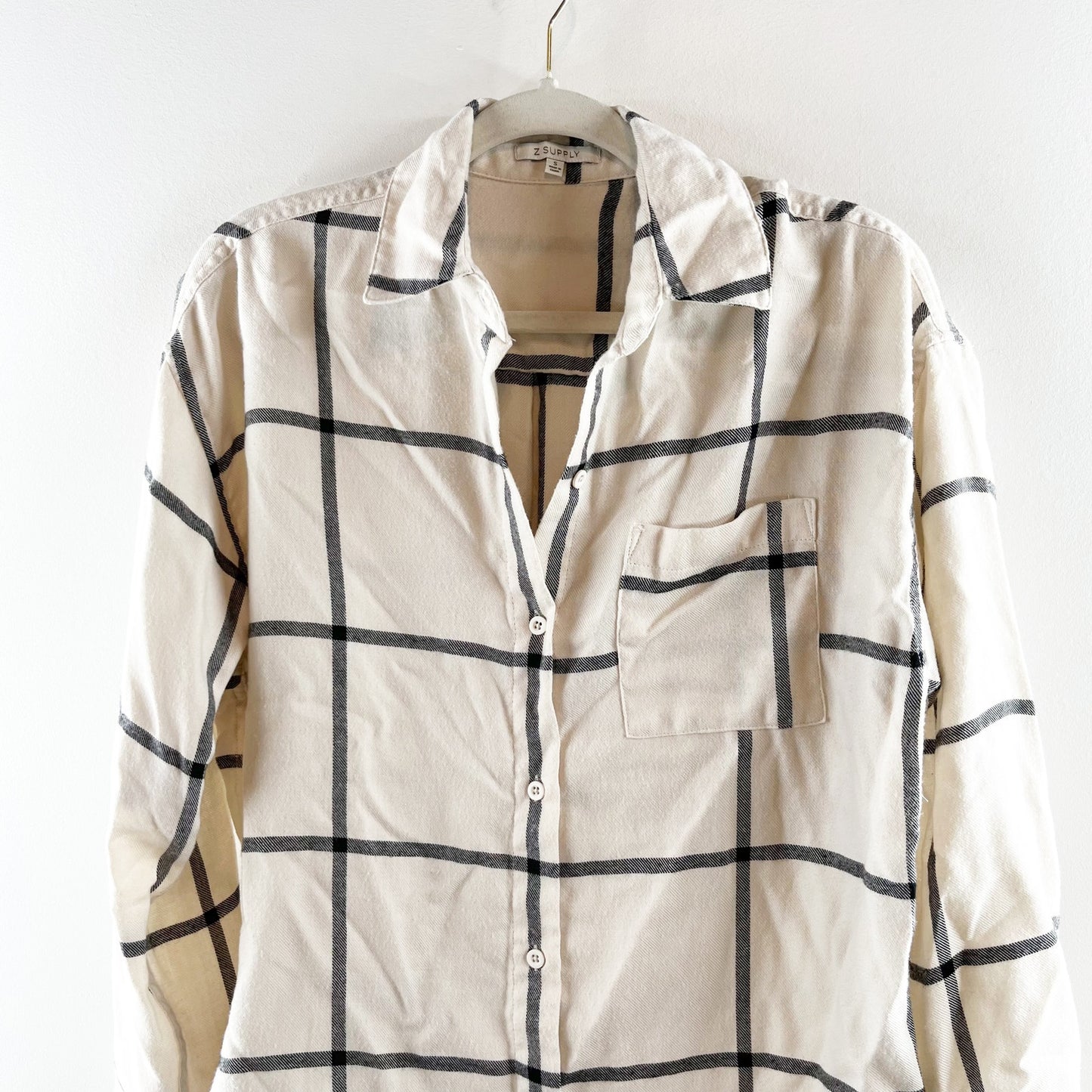 Z Supply River Windowpane Long Sleeve Pocket Button Up Shirt Cream Black Small