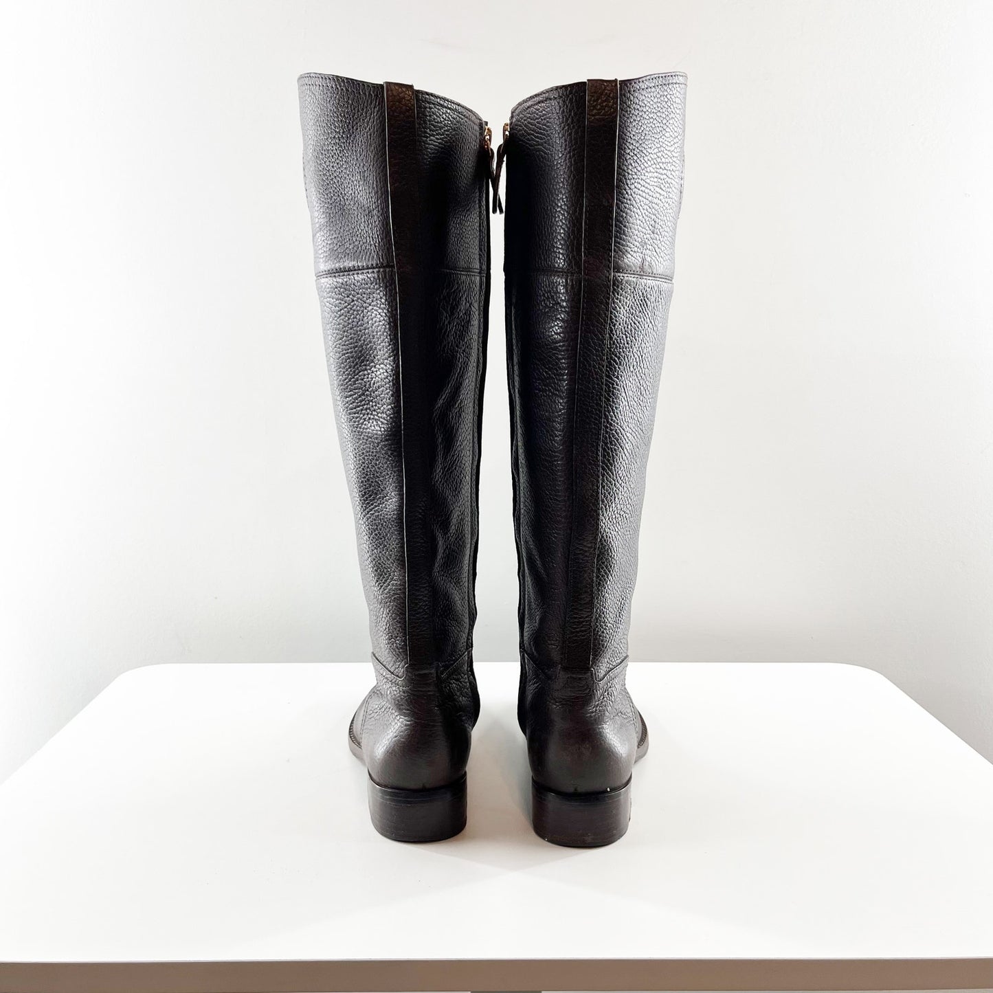 Tory Burch Junction Tumbled Leather Block Heel Knee High Riding Boot Brown 8