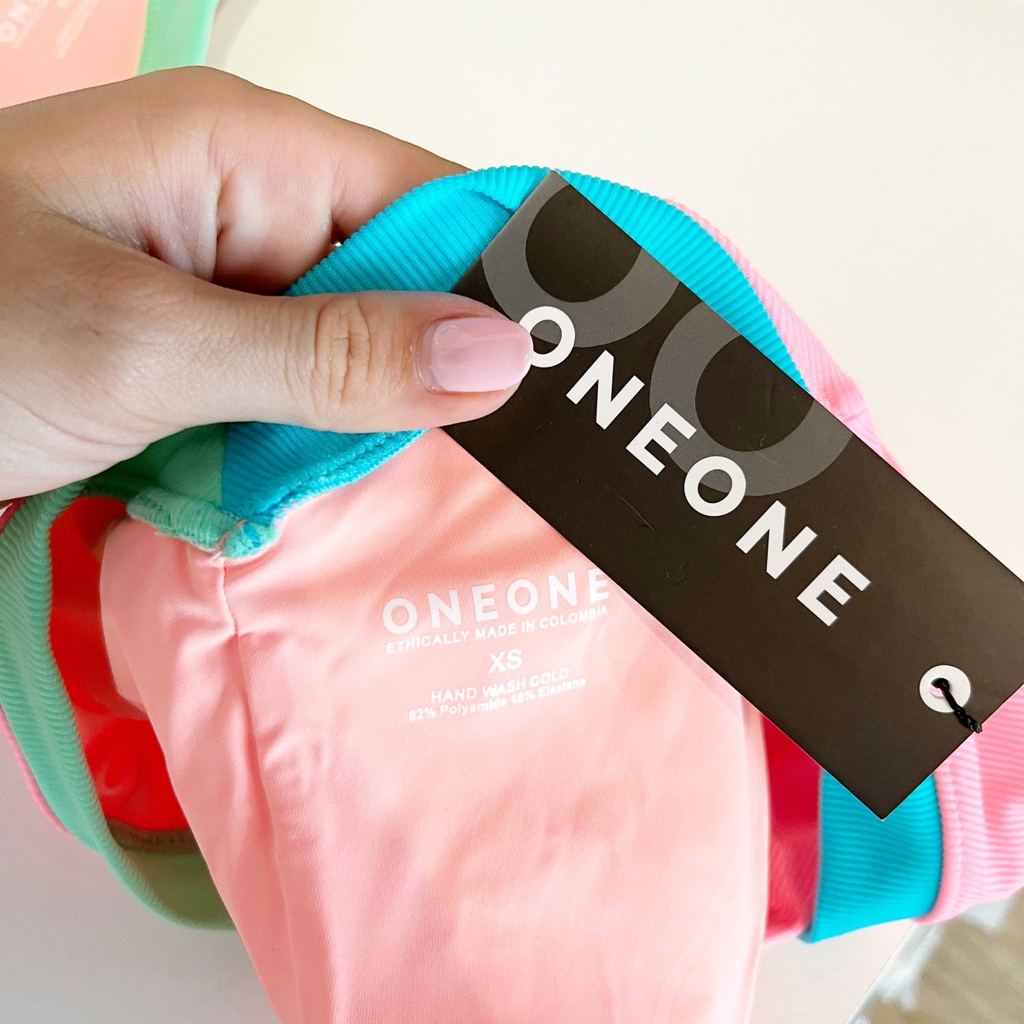 One One Kameron Triangle Ribbed Colorblock Bikini Set Pink Blue Green XS