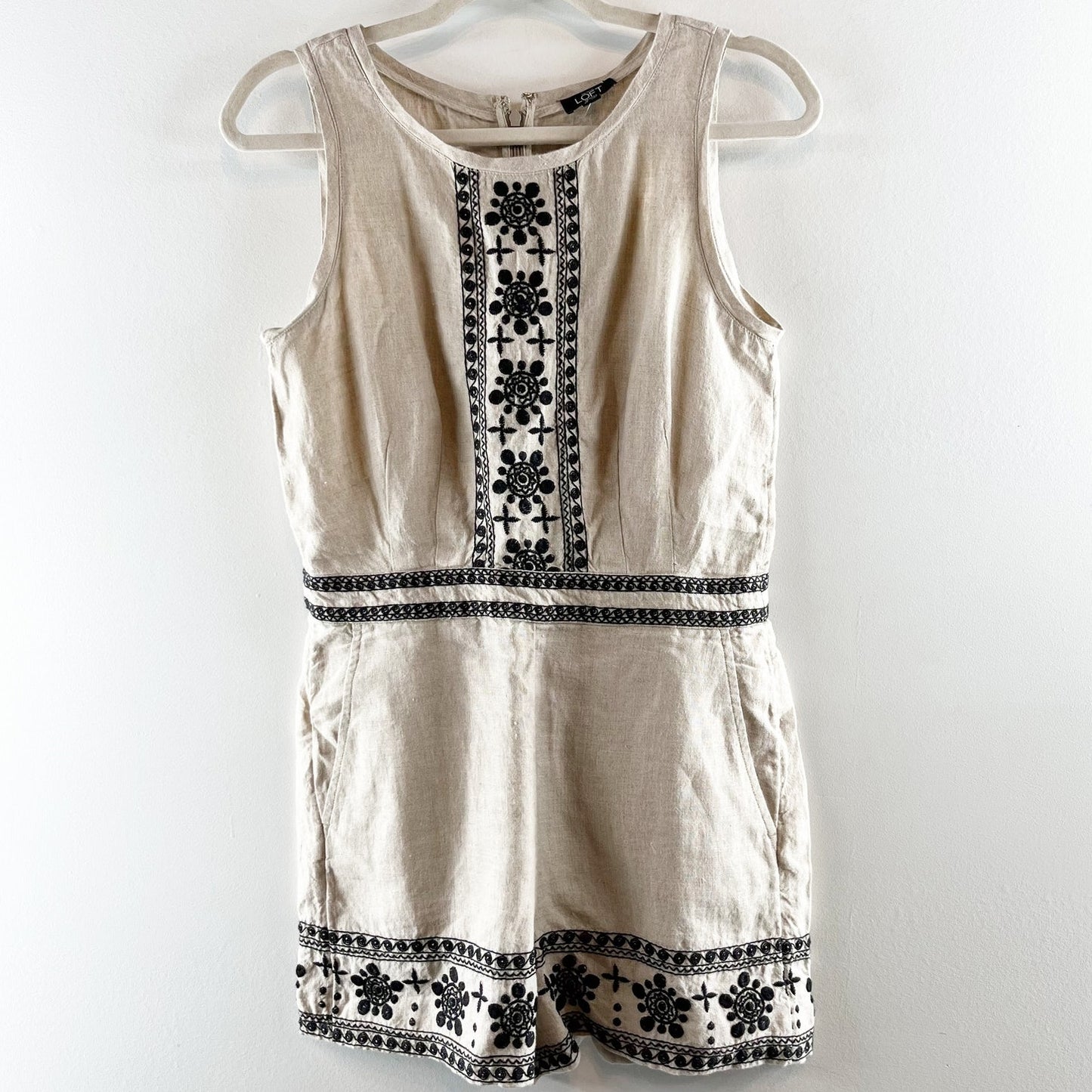 LOFT Linen Sleeveless Embroidered Romper Tan Beige Black 2 Petite