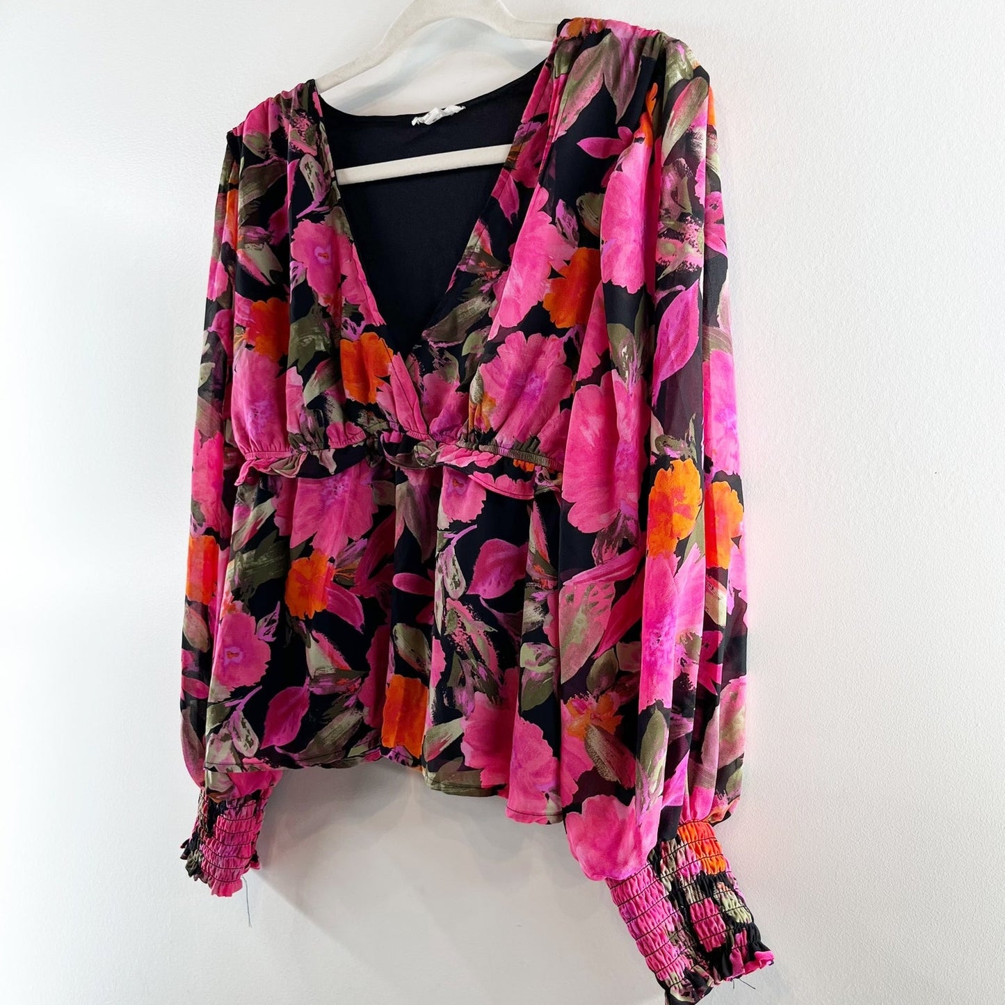 Blu Pepper Floral Print Long Sleeve Ruffle Trim Surplice Neck Blouse Pink Large