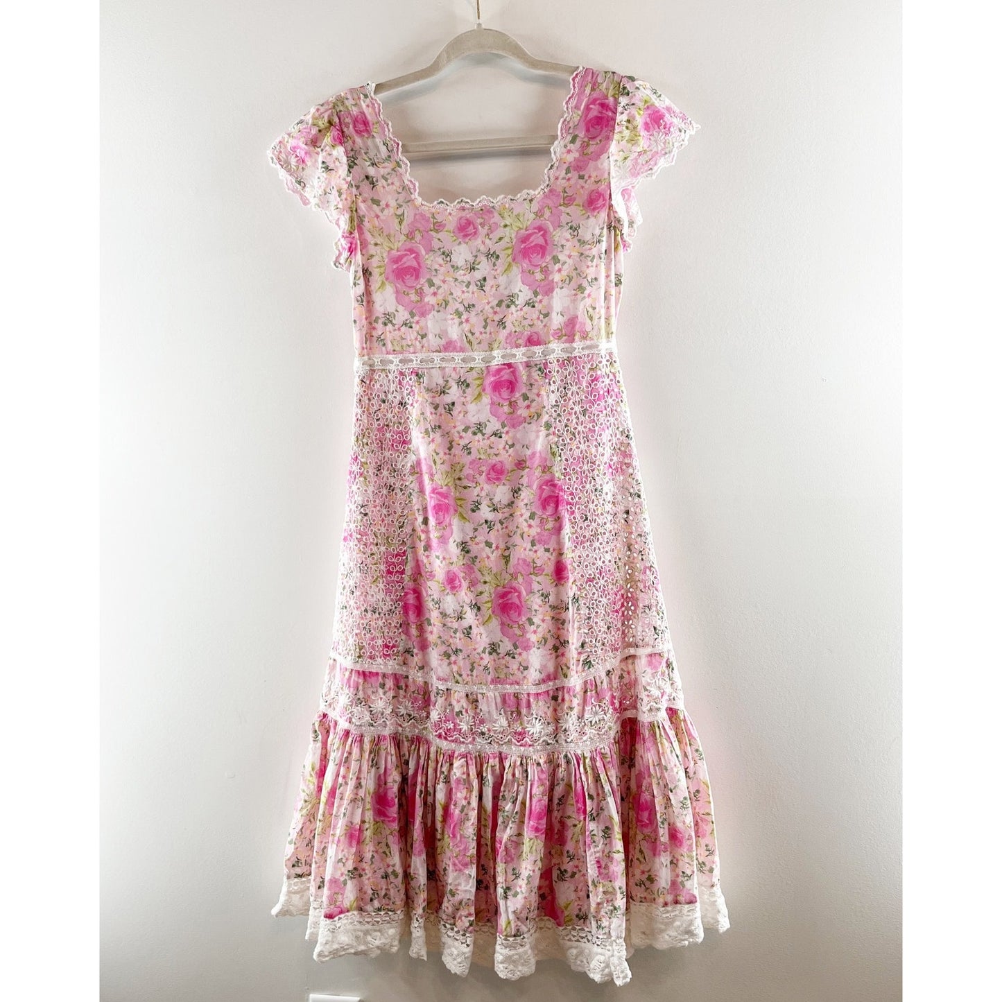LoveShackFancy Charles Floral Square Neck Short Sleeve Midi Dress Pink White 0