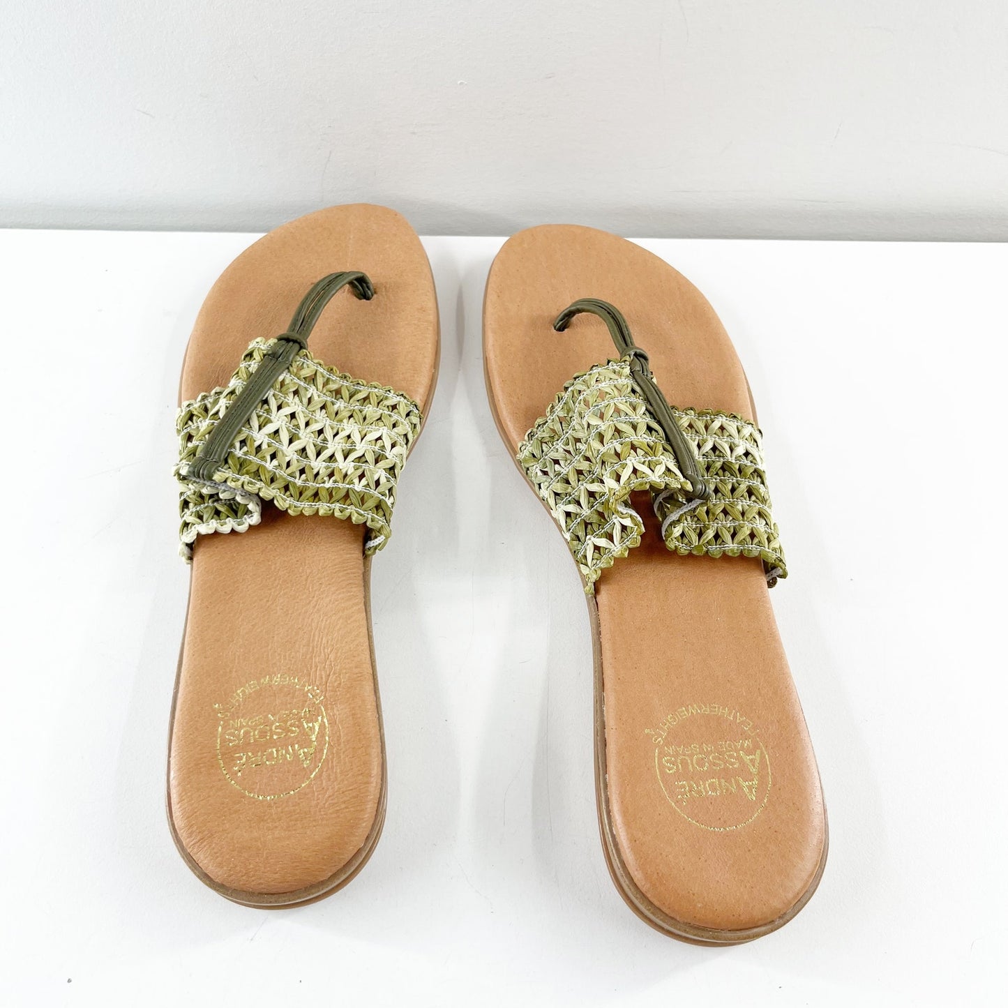 Andre Assous Nice Woven Thong Sandals Green Brown 11