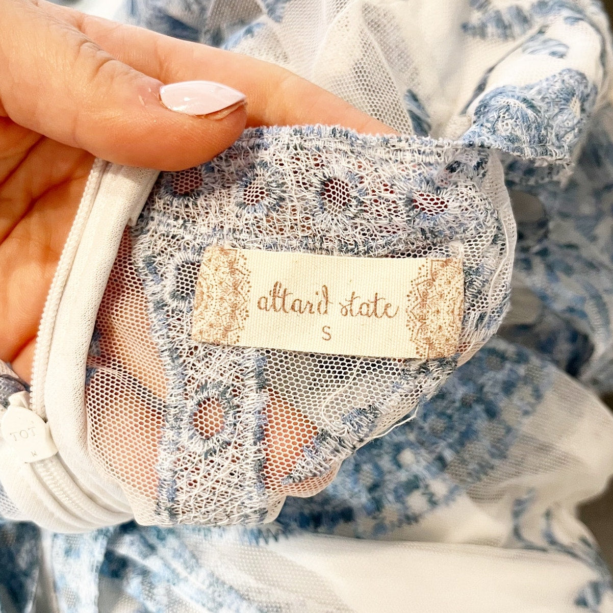 Altar'd State Short Sleeve Embroidered Sheer Boho Lace Catania Maxi Dress Blue S