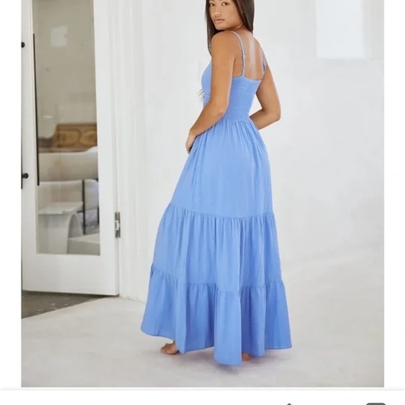 Blanco by Nature Nora Smocked Waist Tiered Cutout Maxi Dress Azure Blue Medium