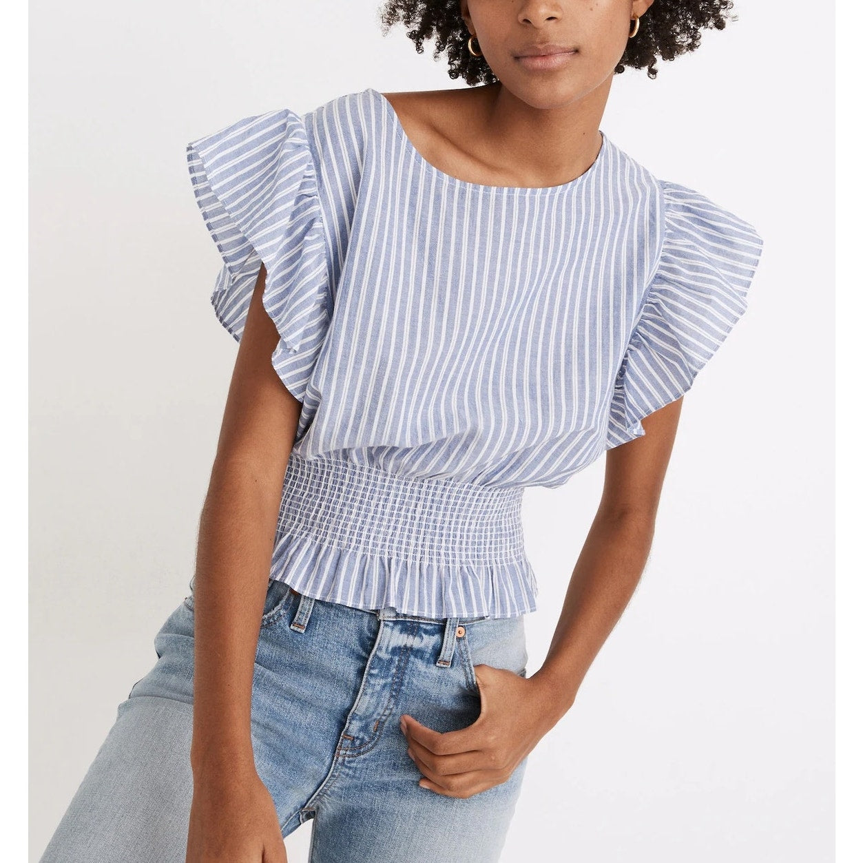 Madewell Flutter Sleeve Smocked Waist Striped Top Blue XL