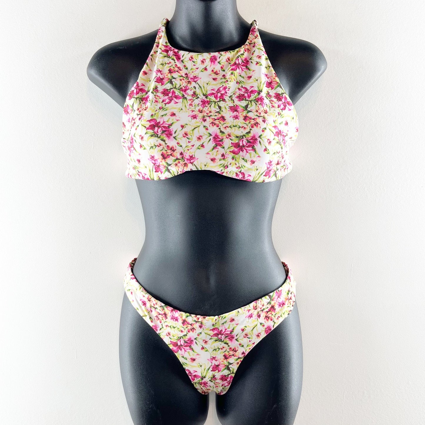 TiNiBiKiNi Leopard Floral Reversible Bikini High Neck Set Brown Pink Medium