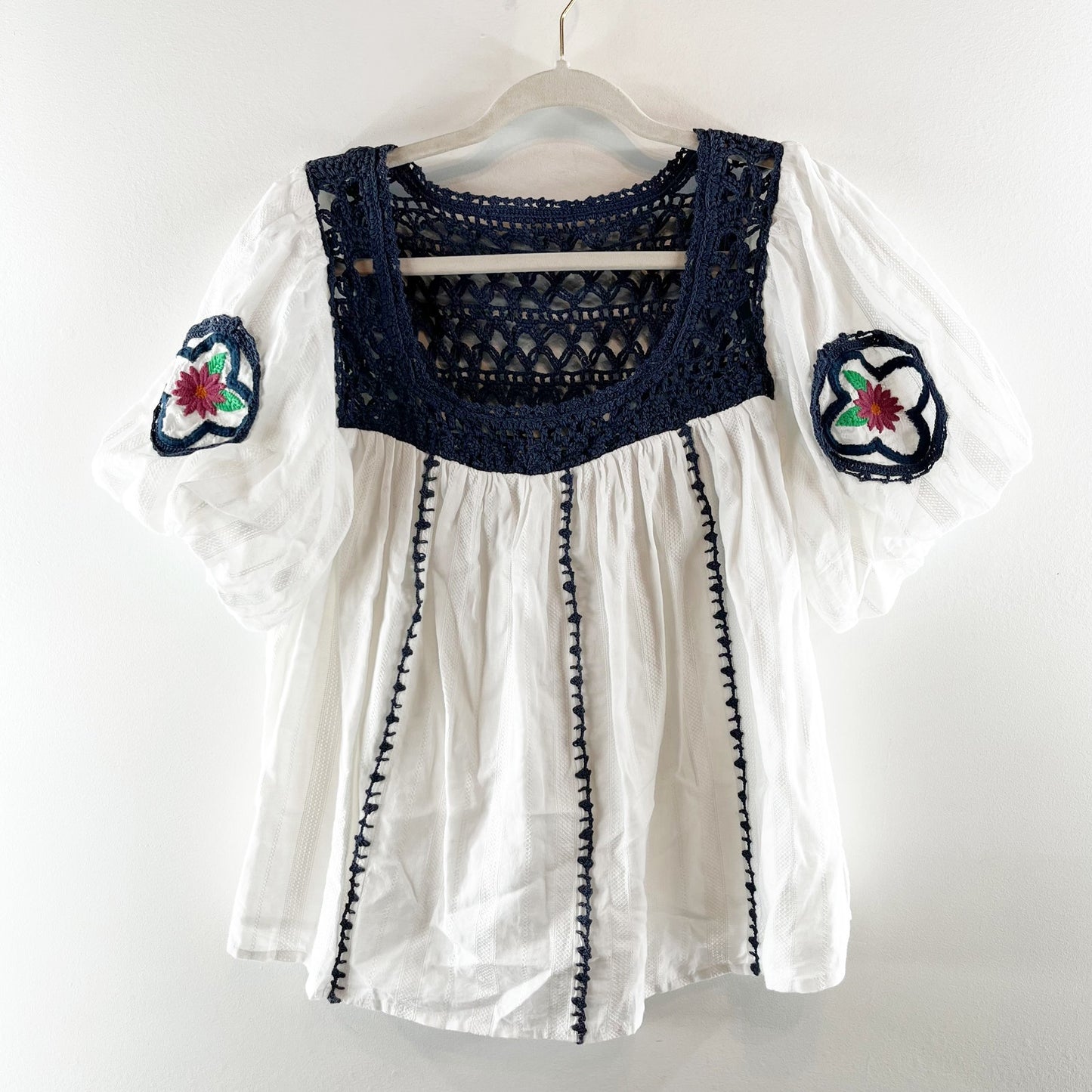 Cleobella Navi Organic Cotton Crochet Trim Puff Sleeve Blouse Top White Navy XS