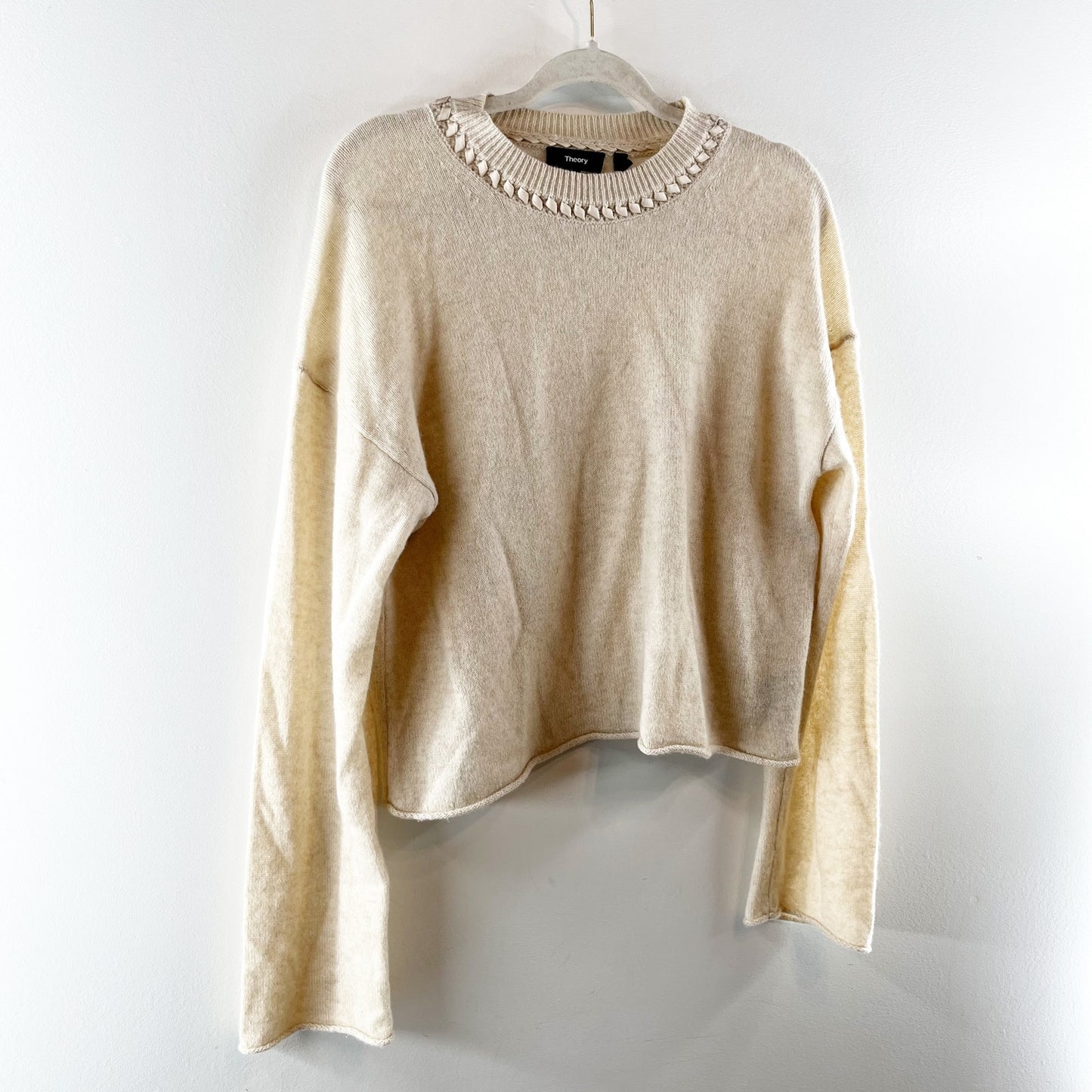 Theory Ribbon Trim Long Sleeve Roll Hem Cashmere Sweater Tan Large
