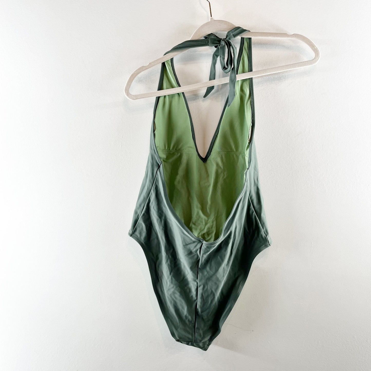 Aerie Plunge Halter Low Back One Piece Swimsuit Green Large