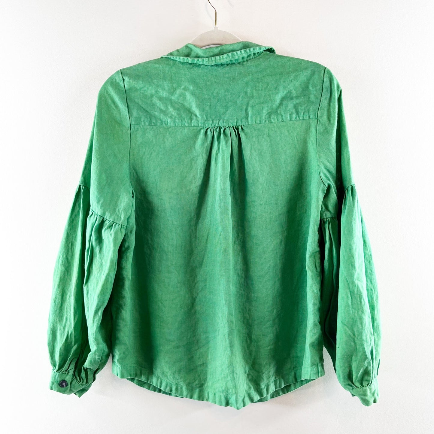 Boden Linen Button Down Long Puff Balloon Sleeve Shirt Blouse Green 8