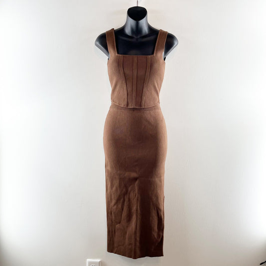 Miou Muse Knit Set Cropped Corset Top High Rise Midi Skirt Brown Small